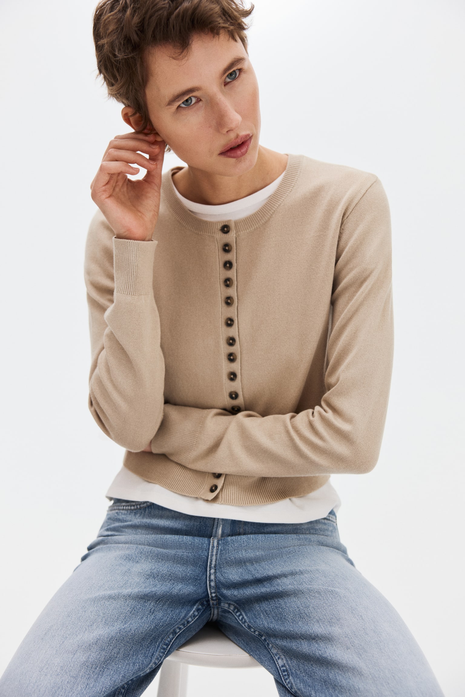 Feinstrick-Cardigan - Beige/Schwarz - 7