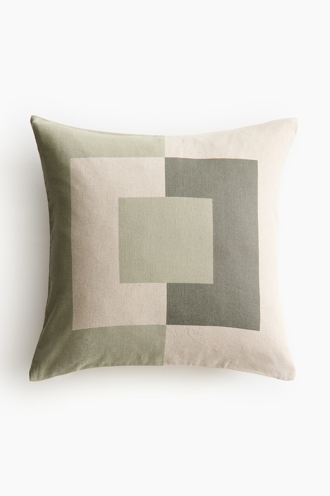 Linen-Blend Cushion Cover - Sage green/beige - 1