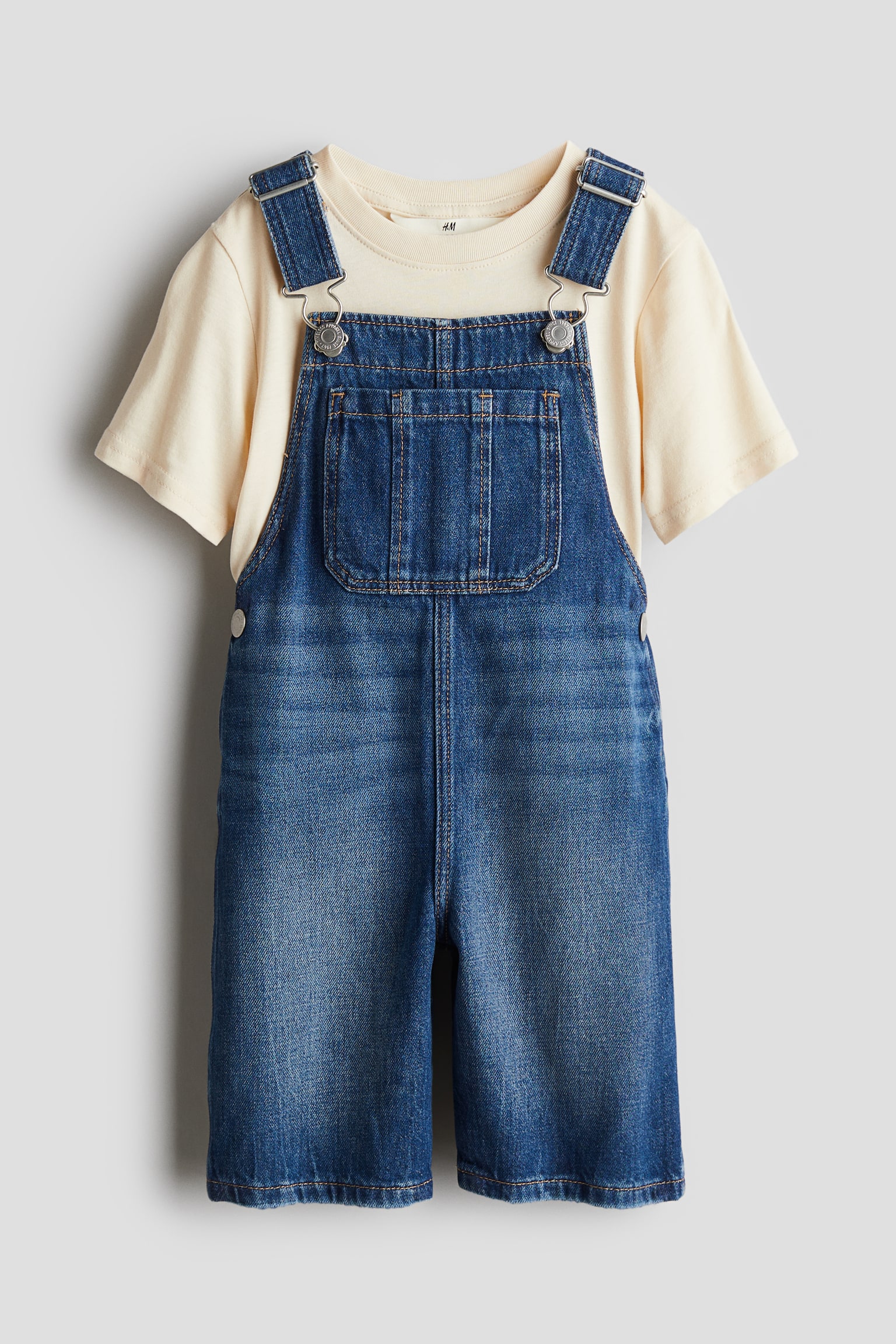 2-piece dungaree shorts set - Denim blue/Cream - 1