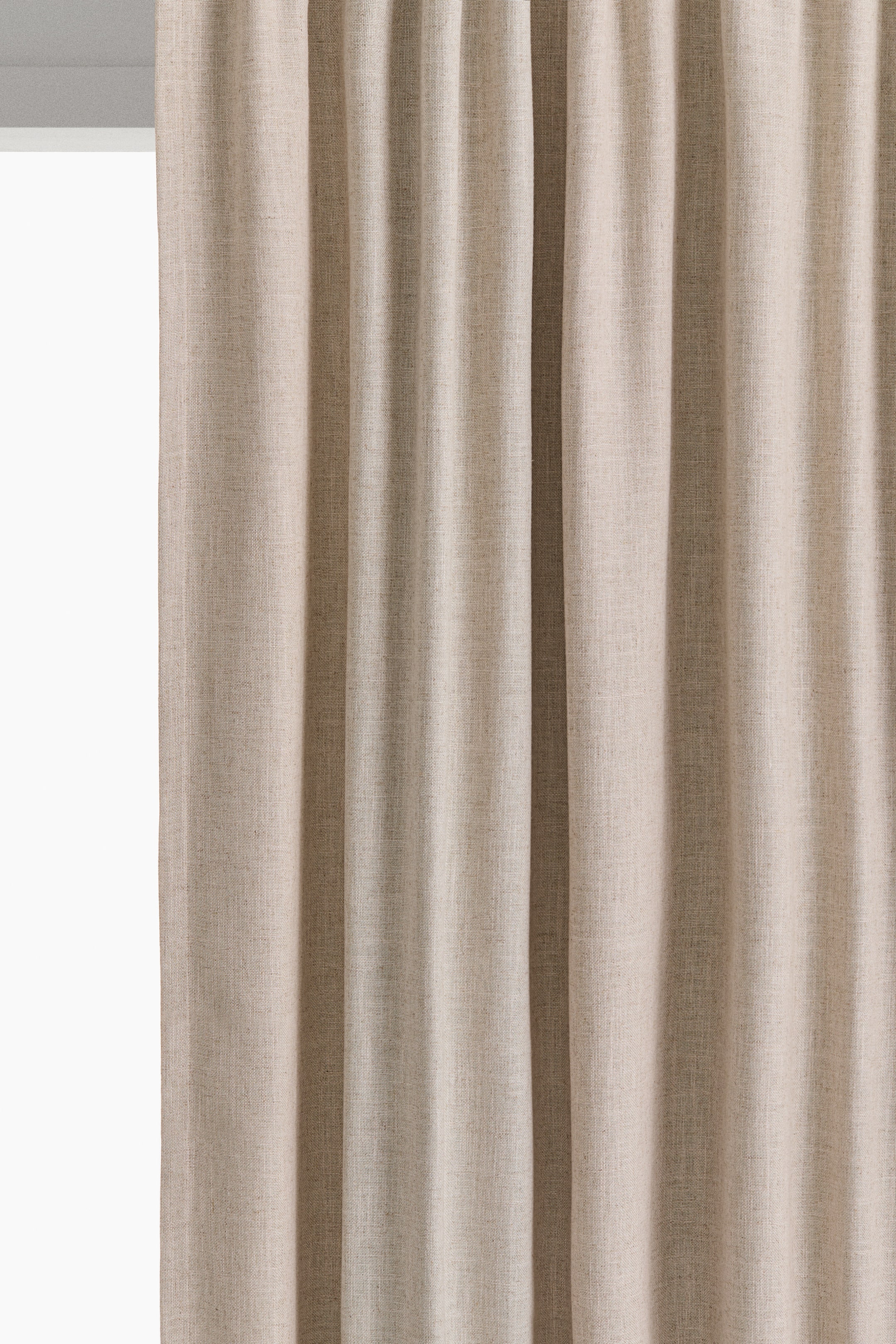 View larger image: The curtains showcase a light beige hue with a noticeable woven texture, creating gentle vertical pleats from a gathered top heading.