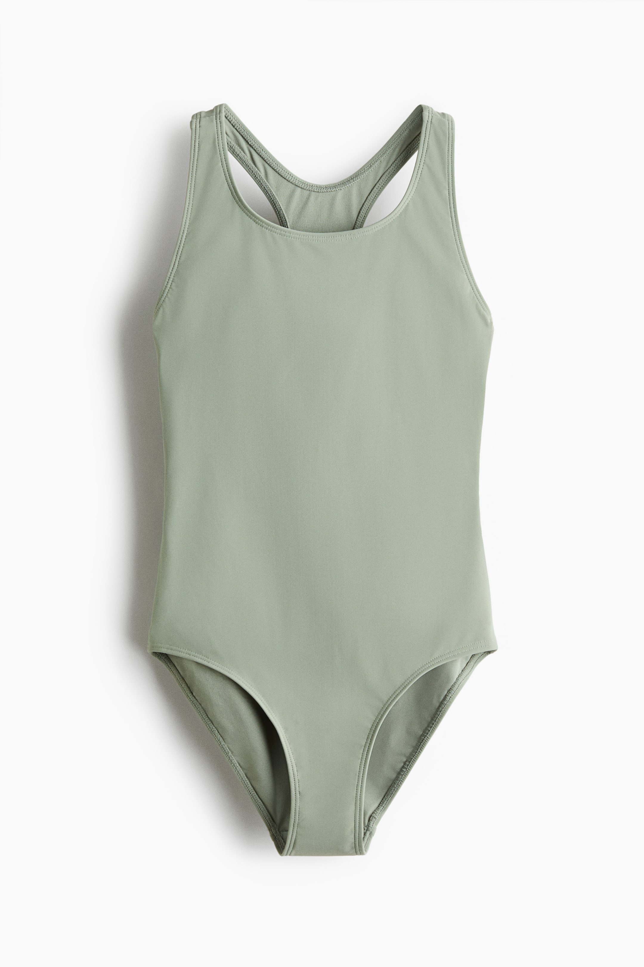 View larger image: A sage green one-piece swimsuit is facing front. It features a scoop neckline, wide shoulder straps, a racerback design with two narrower straps, and high-cut leg openings.