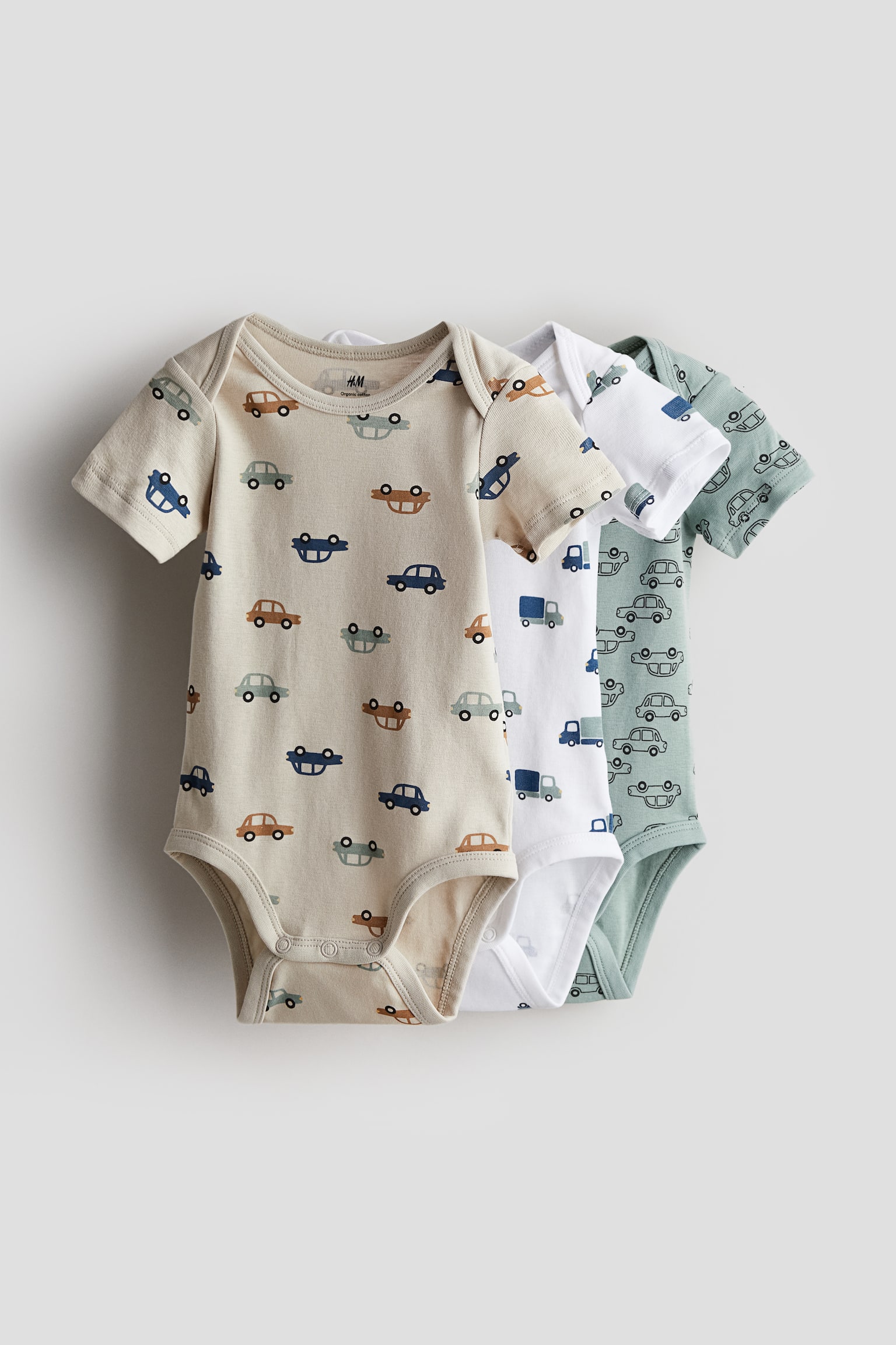 3-pack cotton bodysuits - Beige/Vehicles/Light orange/Spotted/White/Animals - 1