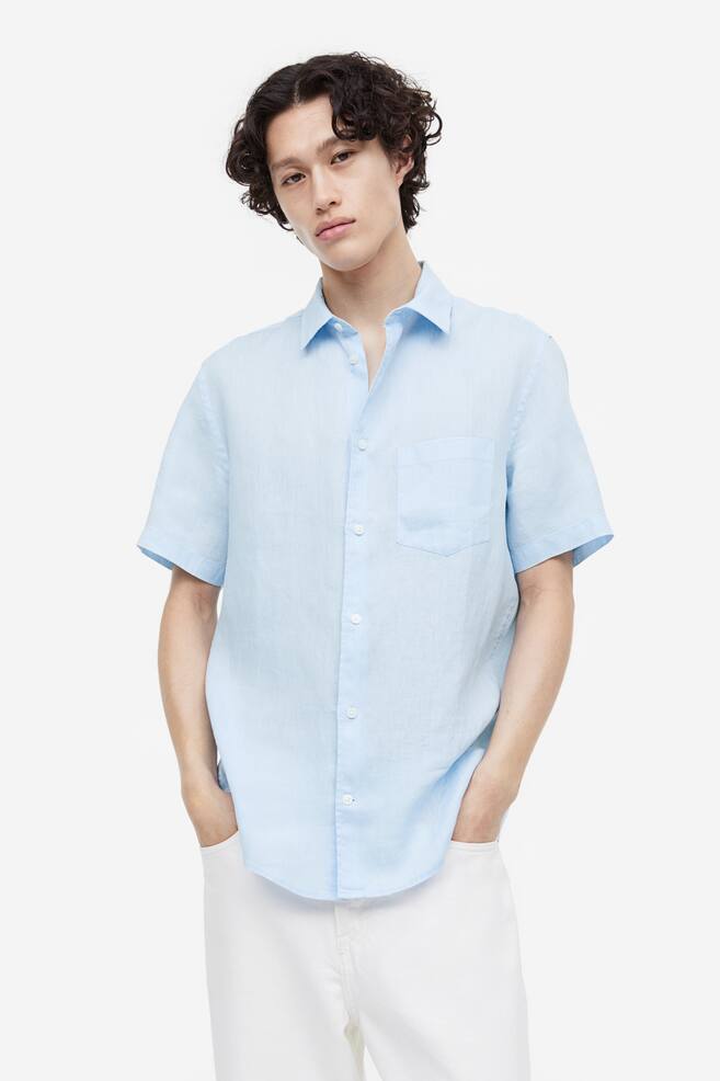 Camicia in lino a maniche corte Regular Fit - Azzurro/Bianco/Marrone scuro - 2