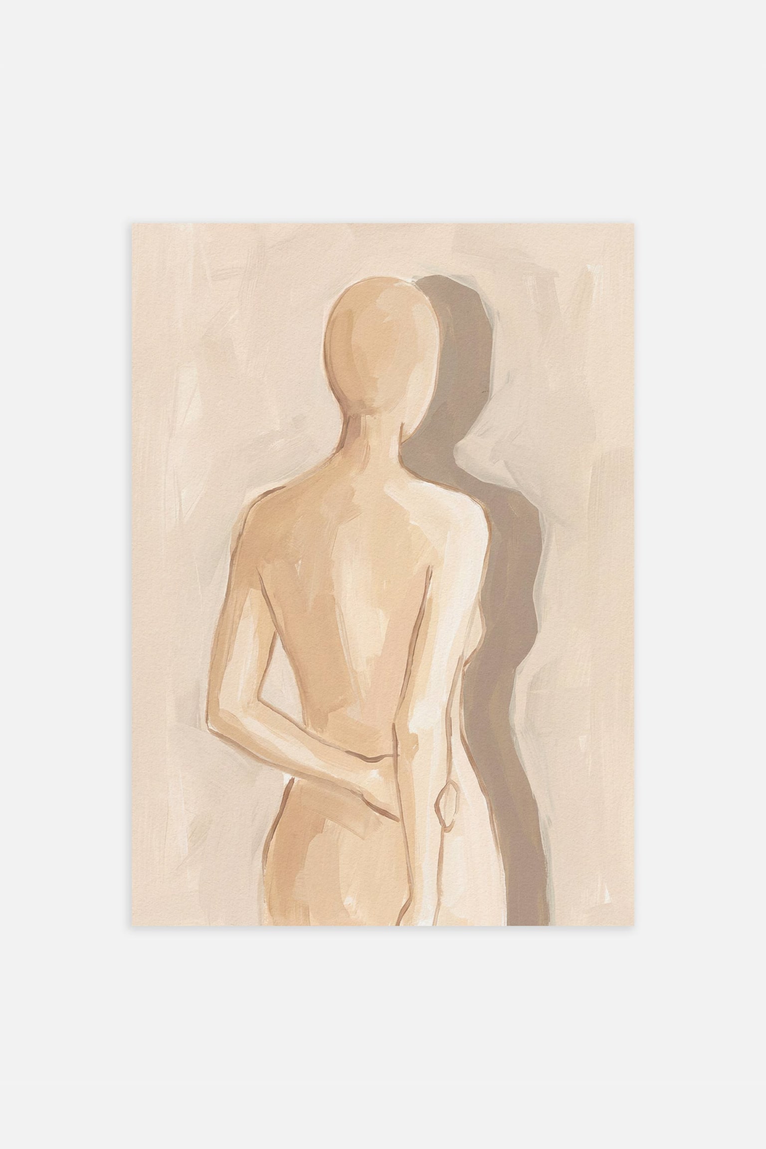 Une impression artistique verticale reprÃ©sente une peinture minimaliste dâune silhouette humaine vue de dos, rÃ©alisÃ©e dans des tons doux de beige et de fauve. La silhouette se tient debout, un bras pliÃ© derriÃ¨re le dos, projetant une ombre dÃ©licate sur un fond clair et texturÃ©. - 1