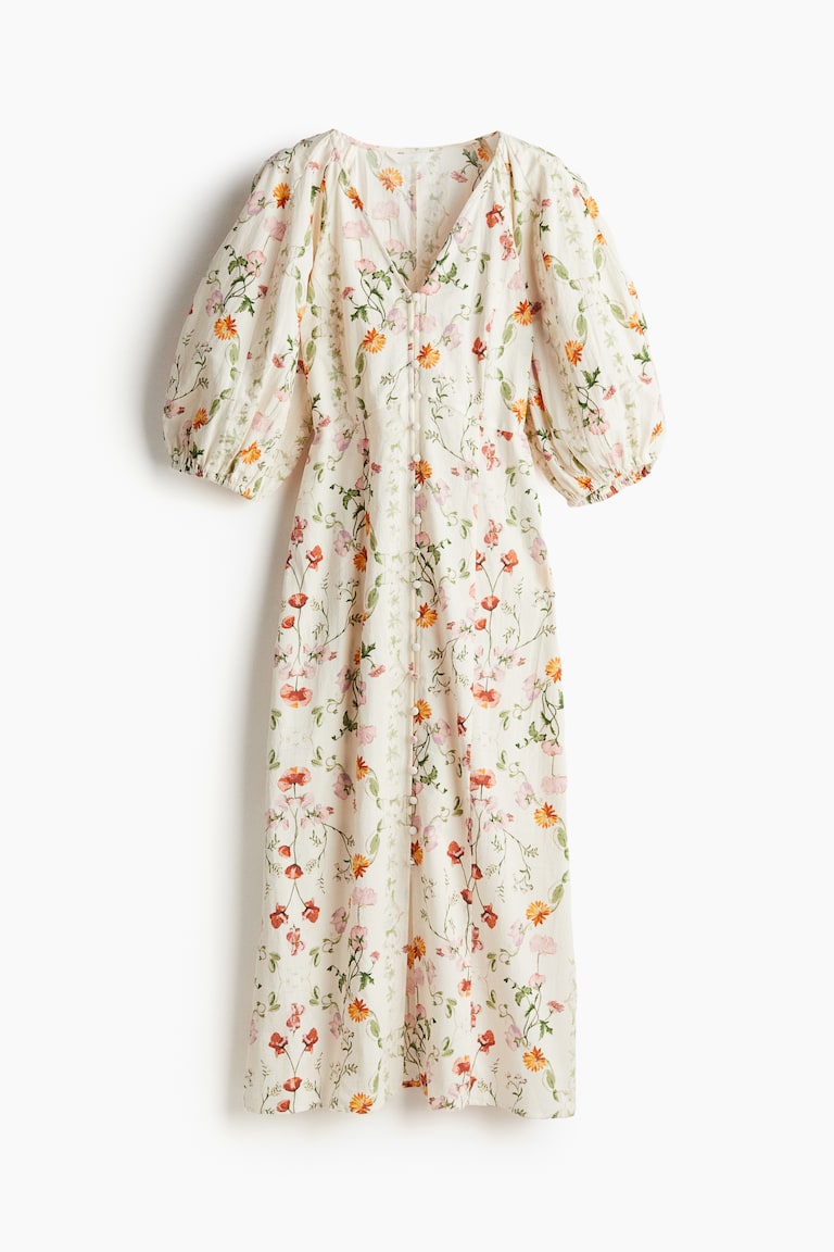 Button-front dress White/Floral Ladies H&M