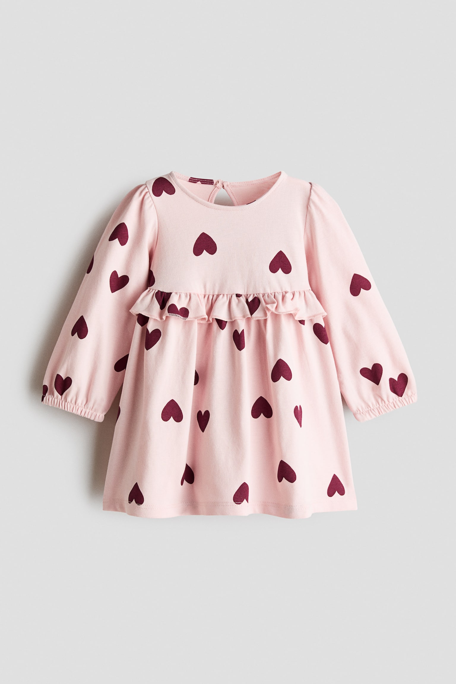 Frill Trim Cotton Dress - Light dusty pink/Hearts/Dark red/Cherries