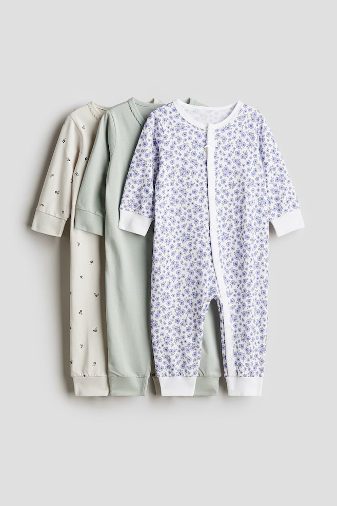 3-pack cotton sleepsuits - Purple/Floral/Light pink/Apples/Beige/Striped/Light purple/Floral/Light green/Vehicles/Beige/Animals - 1