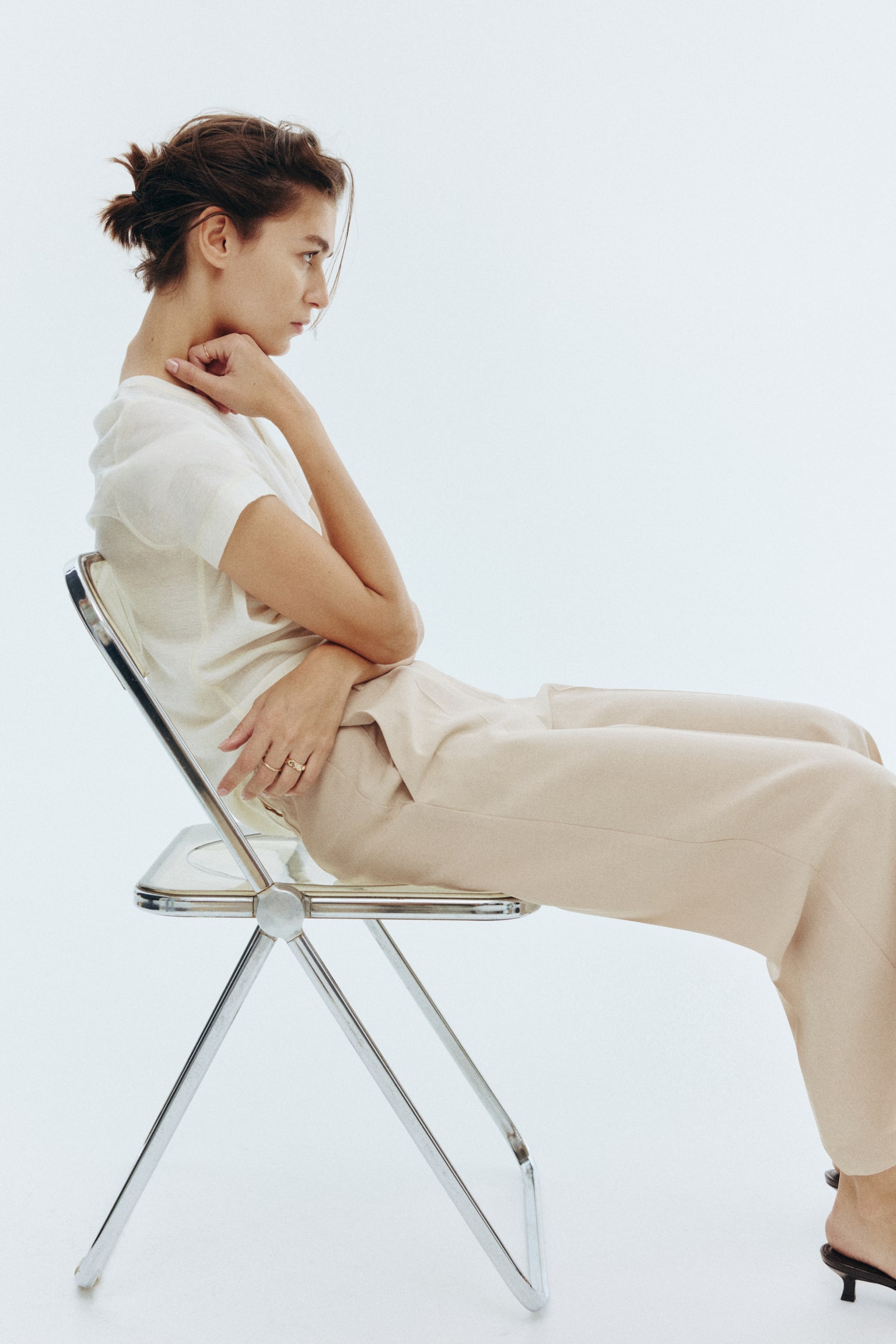 Wide ankle-length trousers - Light beige/Dark brown/Black - 5