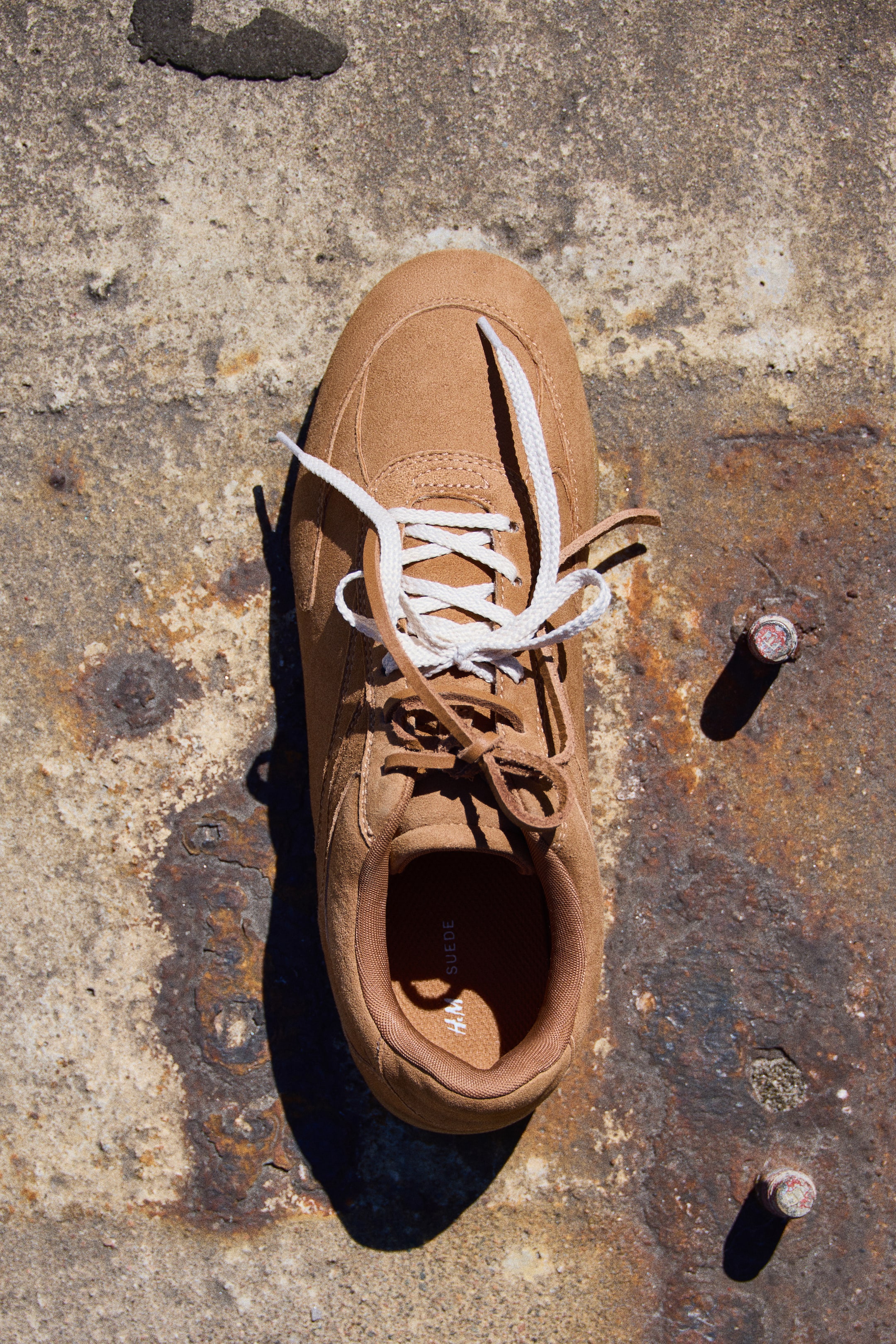 Agrandir l'image: Une basket basse présente une tige en daim beige et un bord supérieur rembourré. Des lacets blancs sont noués par-dessus des lacets marron, et la semelle intérieure visible affiche le logo "H.M SUEDE", le tout vu de dessus.