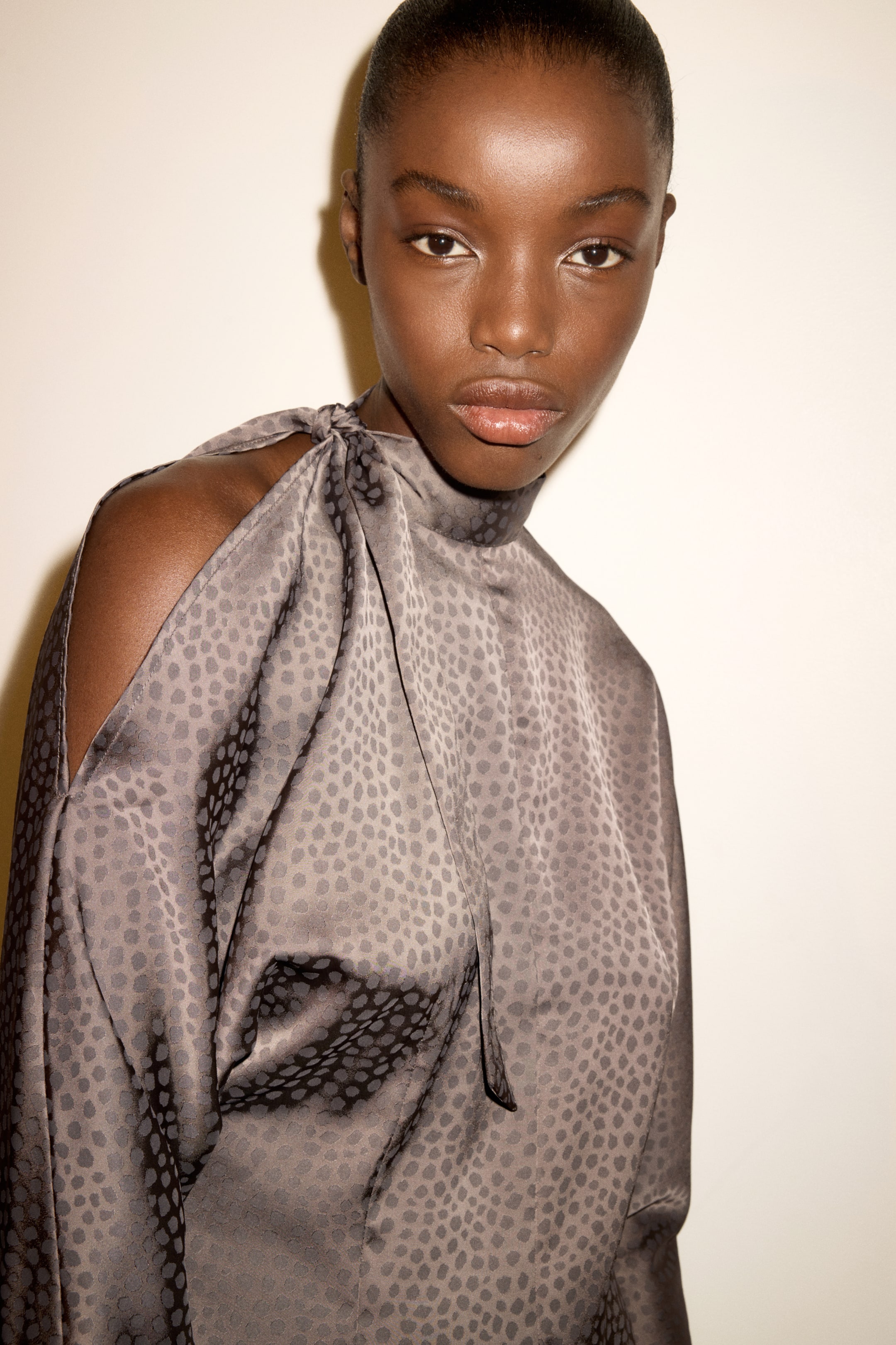 Jacquard-Weave Bow-Collar Blouse