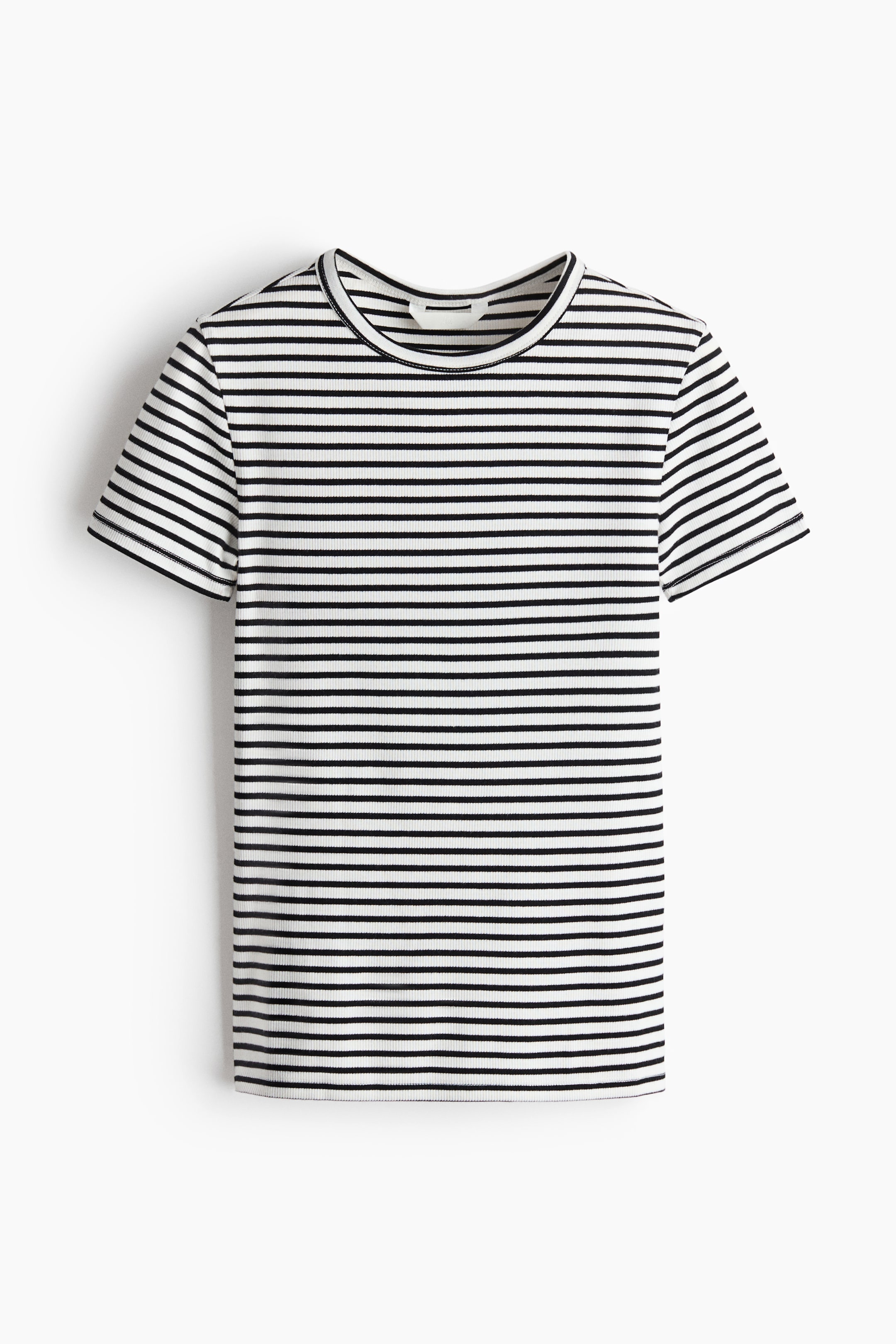 View larger image: A fitted T-shirt in ribbed cotton jersey showcases its front, adorned with black and white horizontal stripes. It features a narrow-trimmed round neckline, short sleeves, and a straight-cut hem.