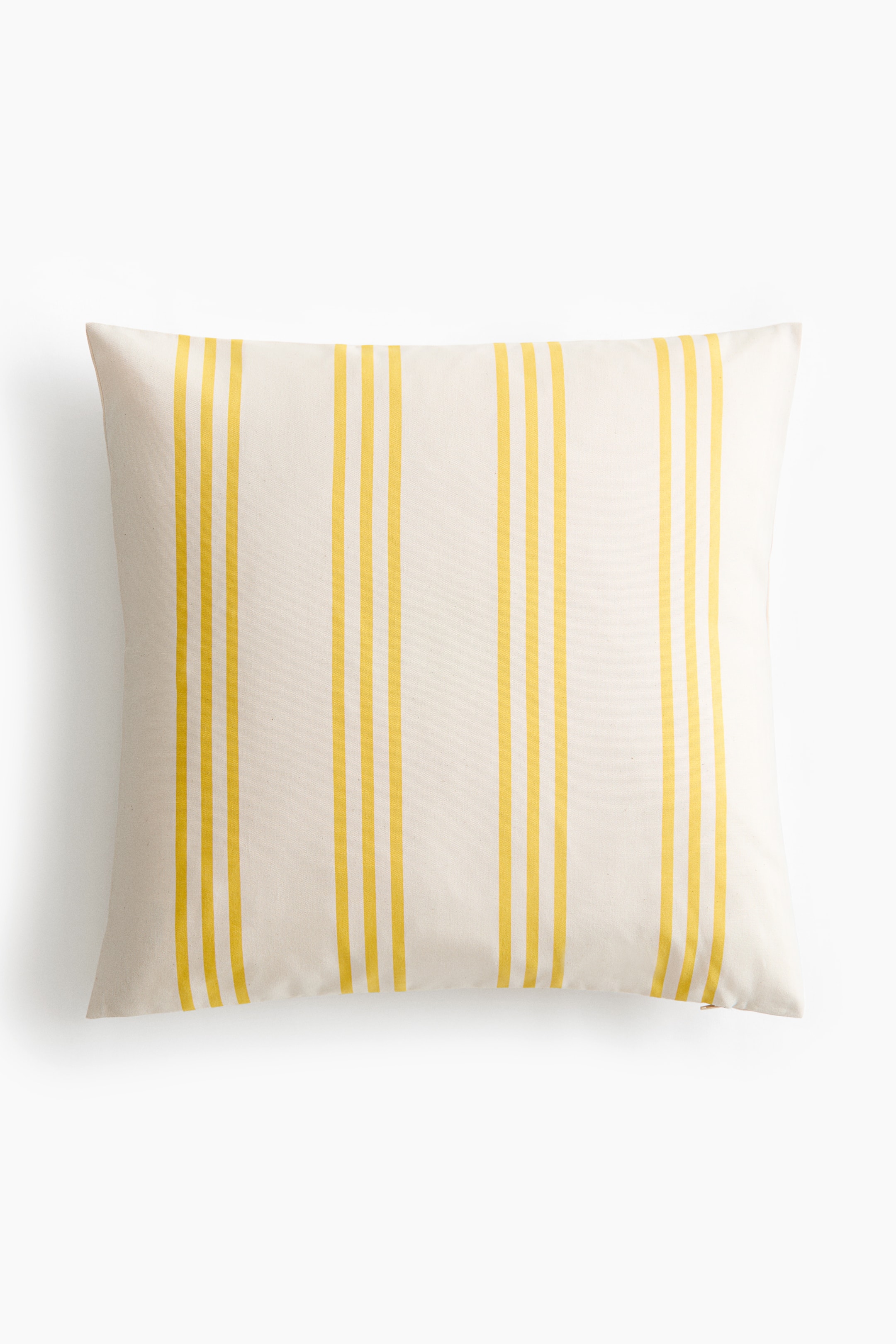 View larger image: A rectangular cushion cover is showcasing its front, featuring vertical yellow triple stripes on an off-white background.