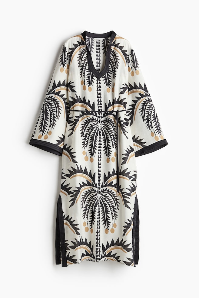 Robe tunique avec ceinture à nouer - Blanc/palmiers/Noir - 1