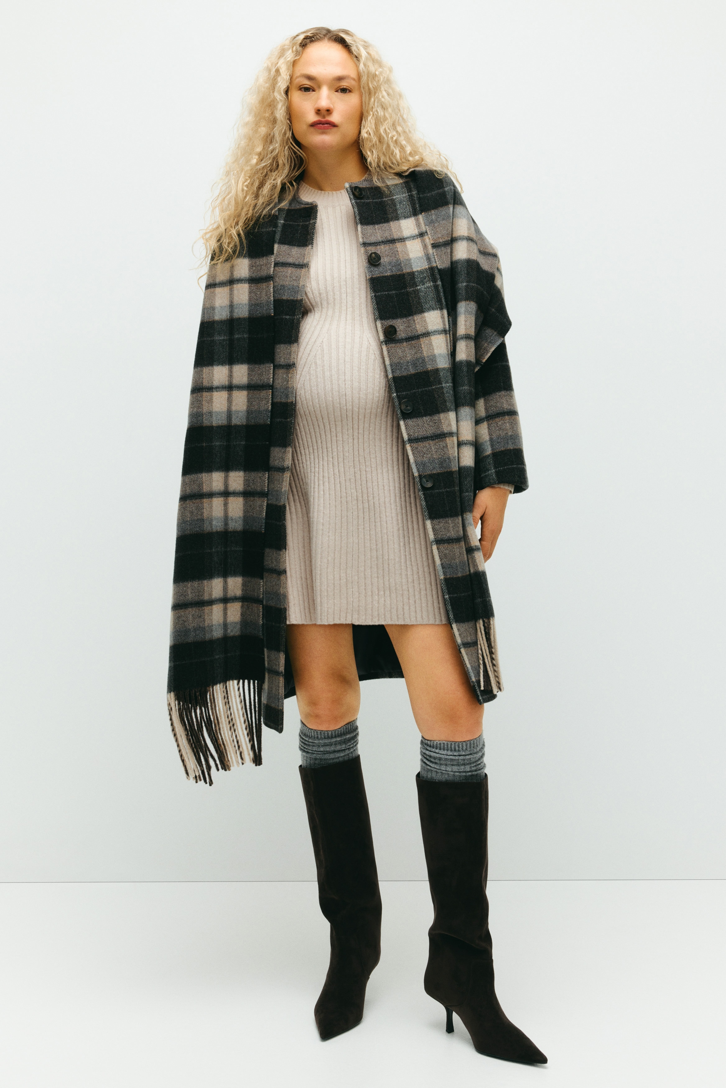 MAMA Haljina od rebrastog pletiva - Svetlobež/Crvena/Tamnosmeđa