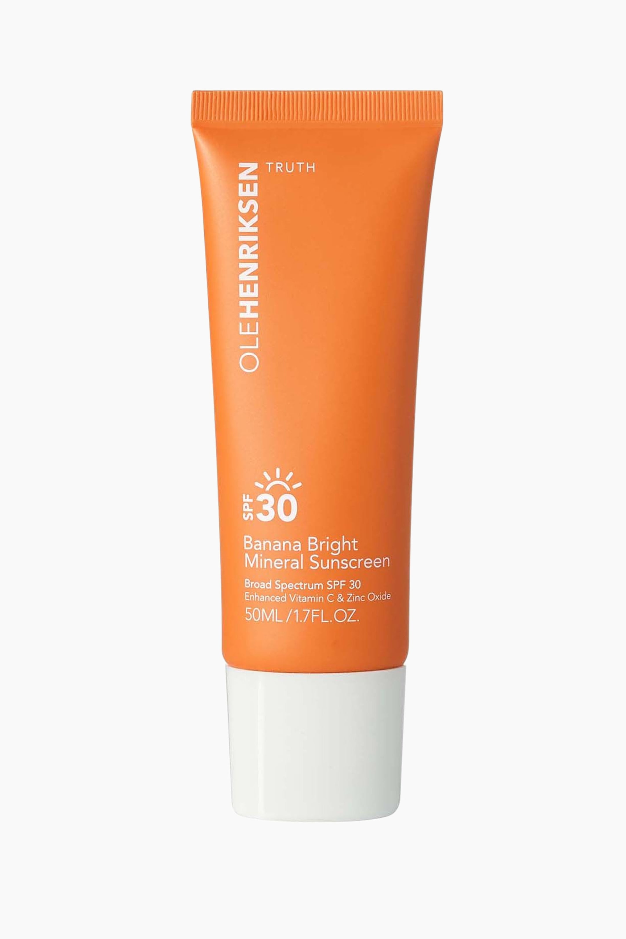 Se større billede: En orange Olehenriksen Banana Bright Mineral Sunscreen SPF 30-tube står oprejst. Tuben har hvid tekst, der شامل brandnavnet, produktnavnet, SPF-vurderingen med et solikon og volumen, og den har en rillet overkant og en hvid hætte.