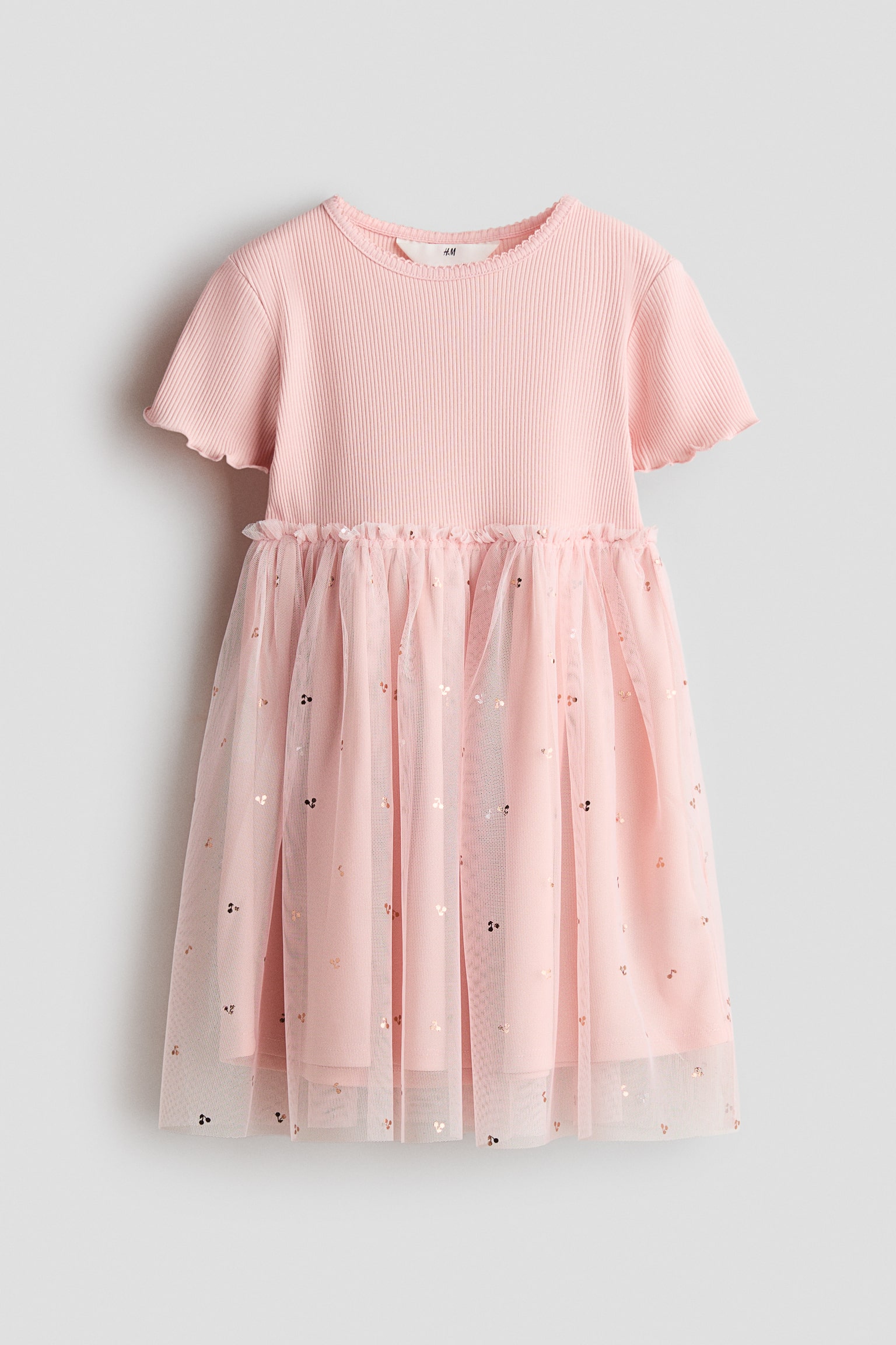 Kleid mit Tülljupe - Mattrosa/Kirschen/Mattlila/Hellbeige/Cremefarben/Blumen/Hellgrün/Hellrosa/Herzen/Rosa/Schleifen/Hellbeige/Schleifen