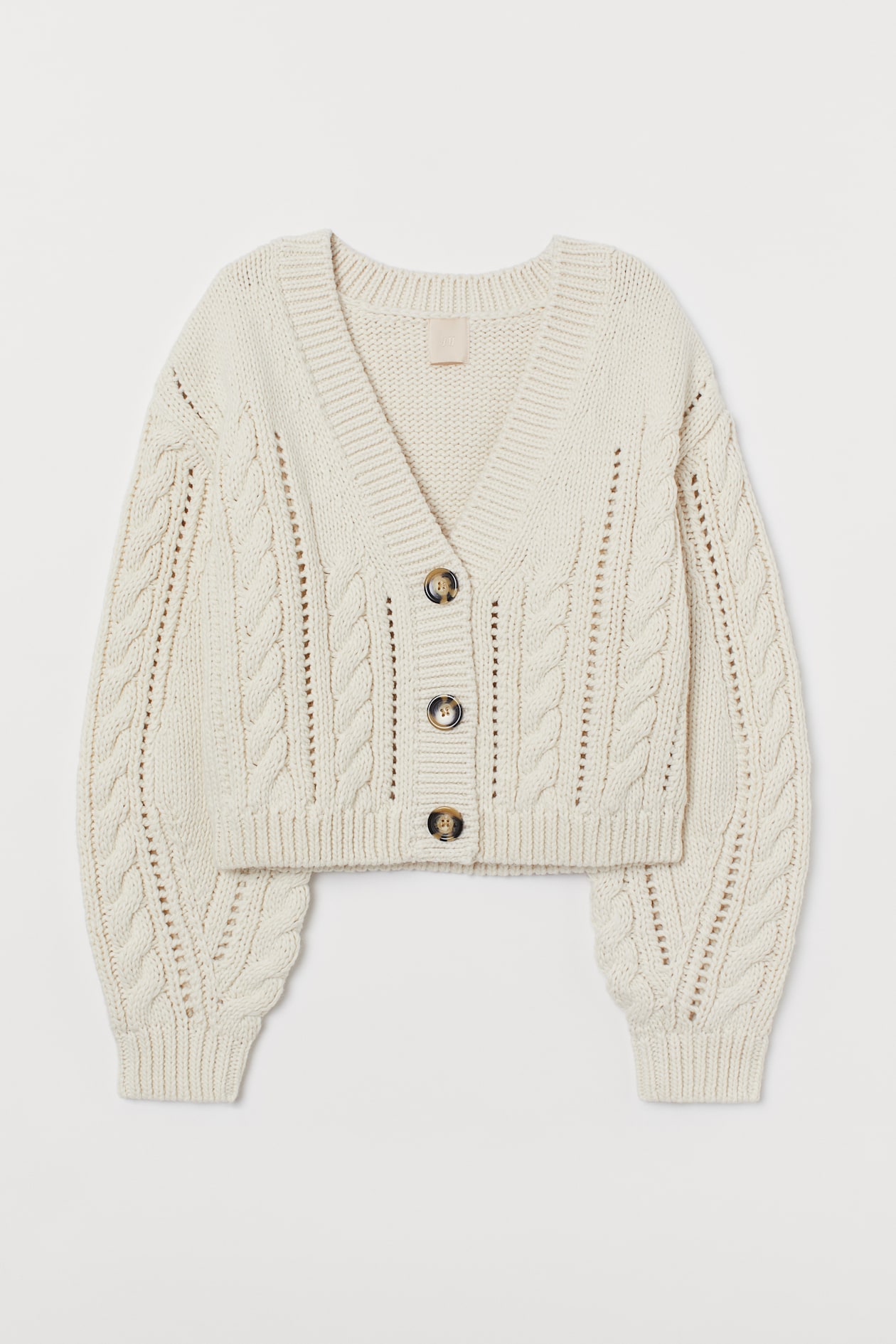 Cable-knit cardigan - Deep neckline - Long sleeve - Cream - Ladies | H&M GB