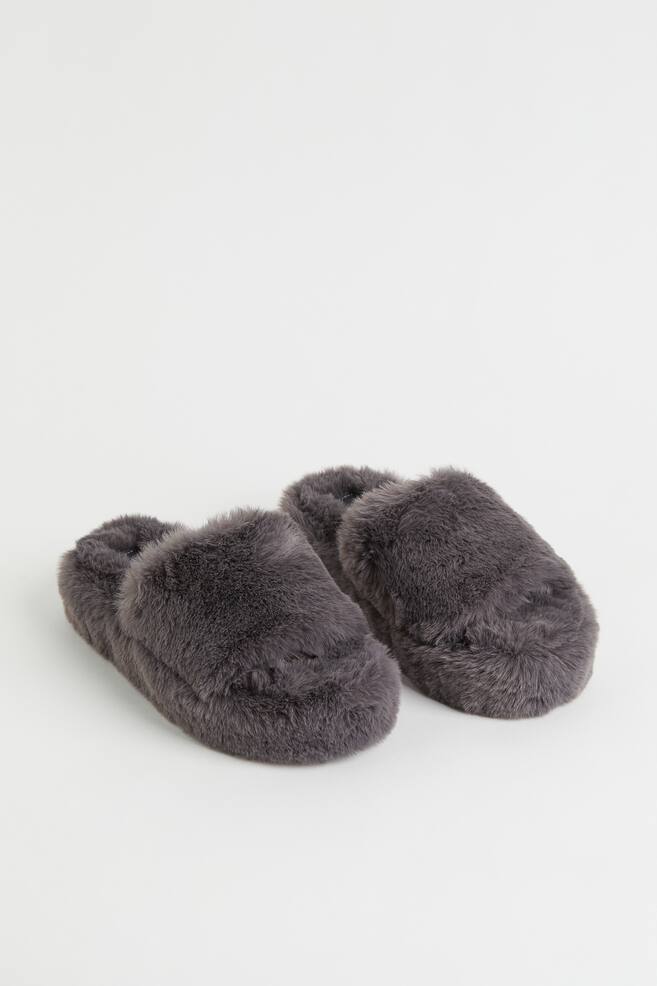 Faux fur slippers - Dark grey/Brown - 2