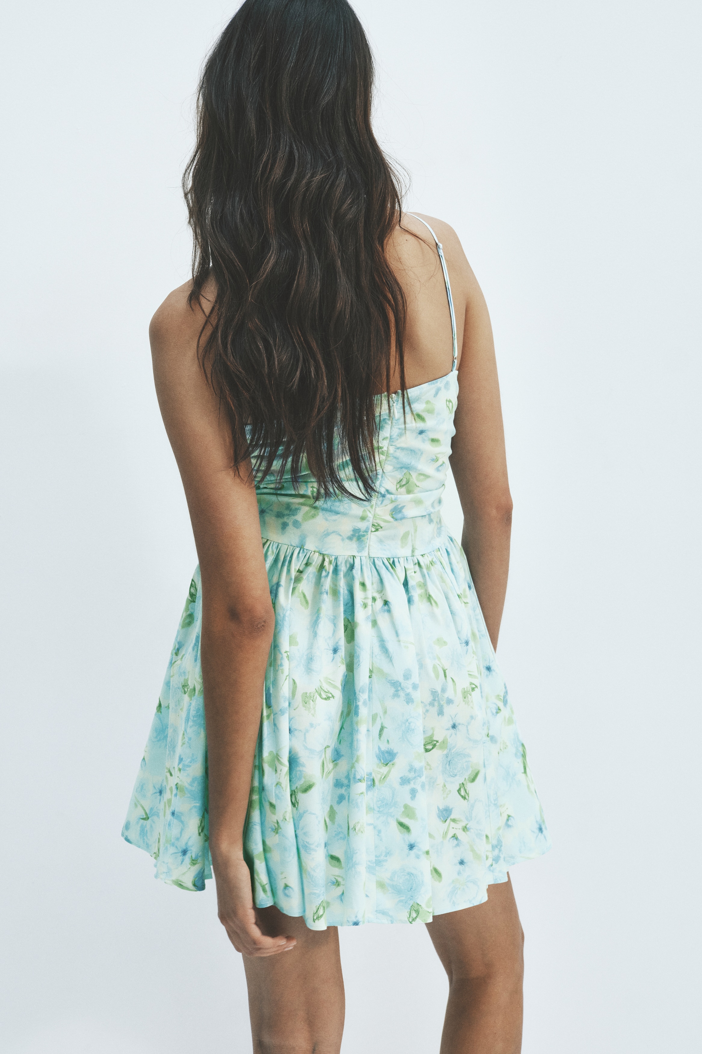 h&m ruched cotton dress Women's White/floral Long Cotton Dress