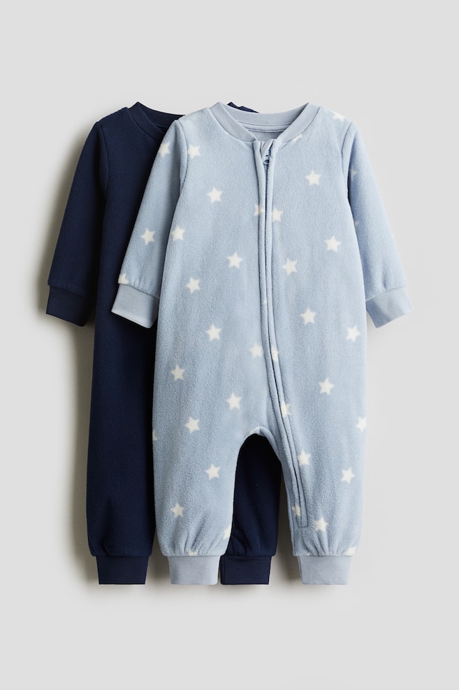 2 pijamale-salopetă din fleece cu fermoar - Albastru/stele/Roz/inimi - 1