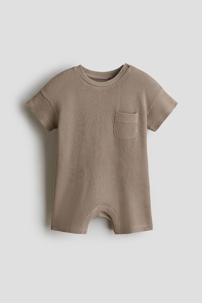 Waffled Cotton Romper Suit - Dark beige/Turquoise - 1