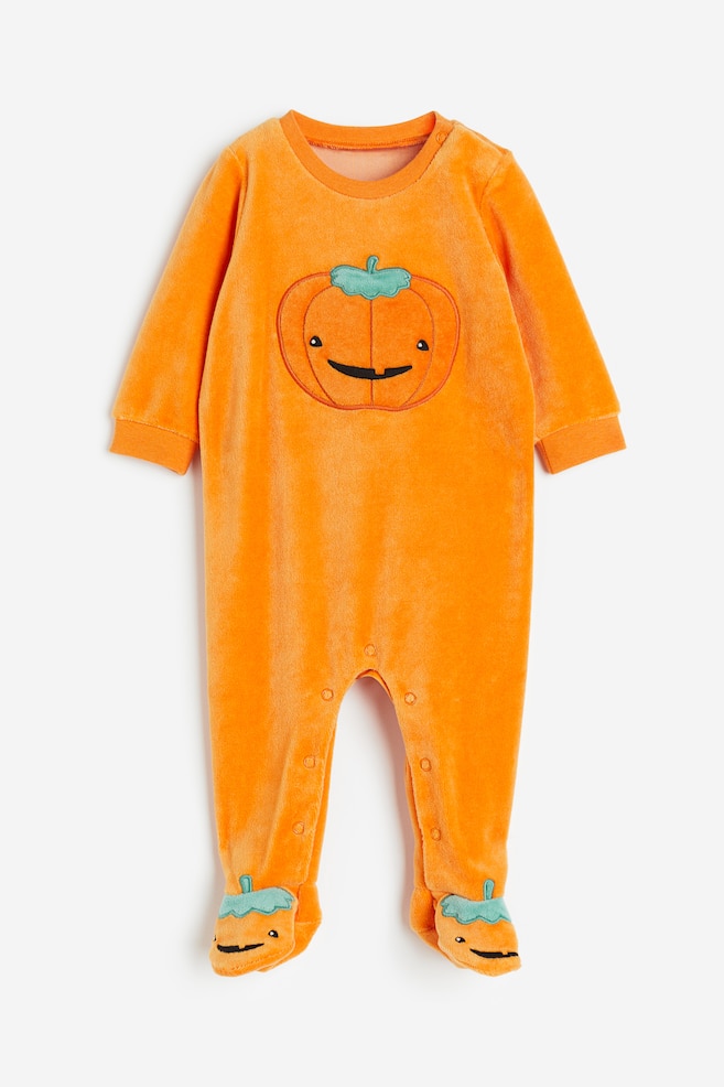 Velour sleepsuit with full feet - Orange/Pumpkin/Natural white/Bears/Dark beige/Dog - 1