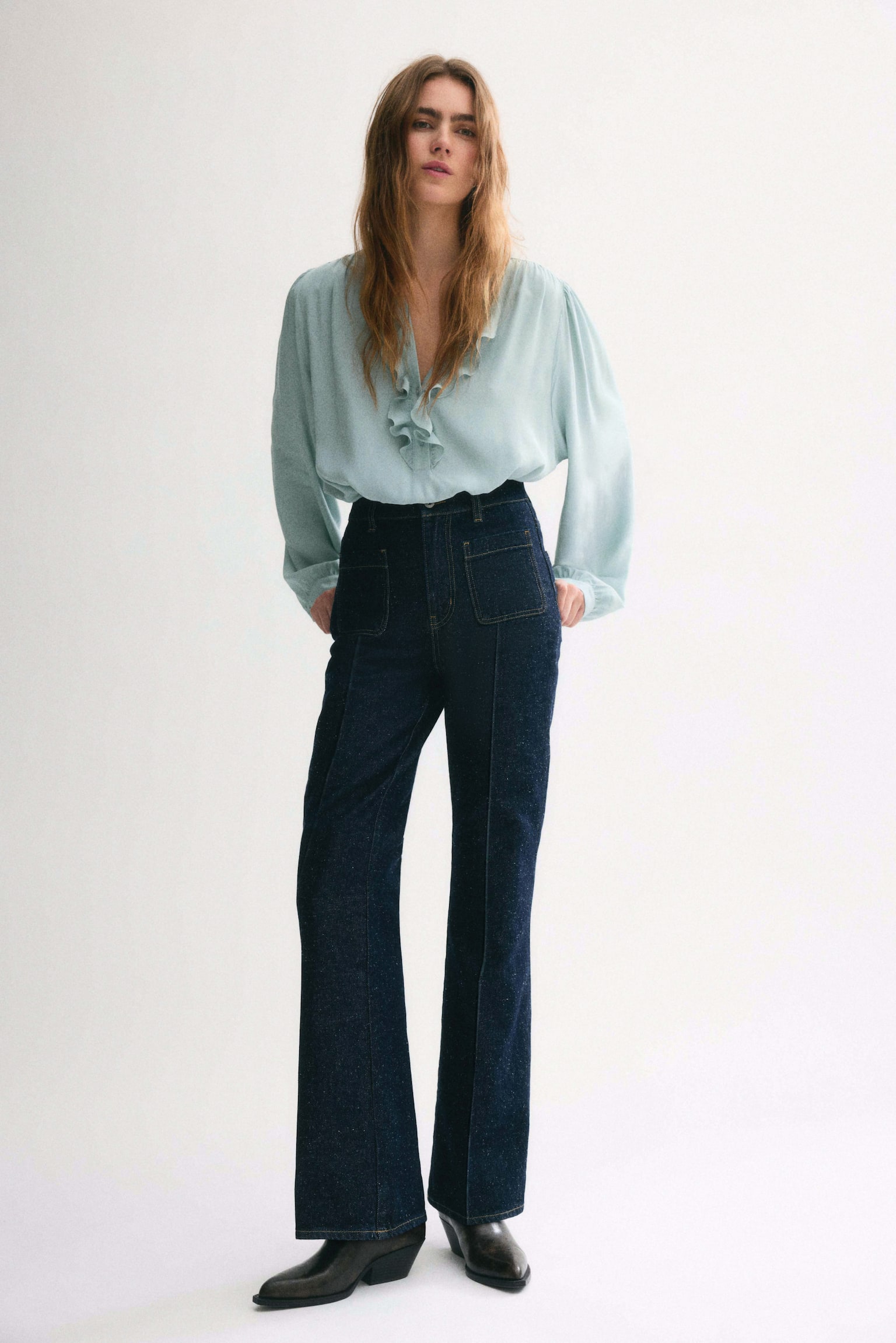 Frill-collared viscose blouse - Light turquoise/White - 6