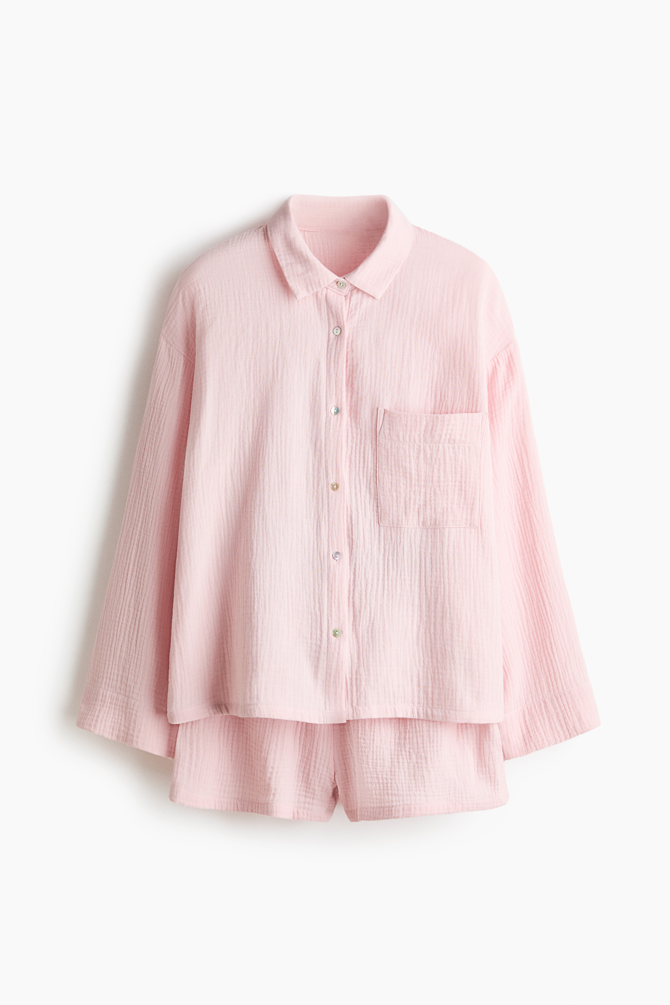 Natsæt med skjorte og shorts - Lys rosa/Mørkebrun/Støvet lys rosa/Lys rosa/Hjerter/Sart gul/Hvid/Sorte hjerter/Mørkeblå/Lys beige/Leopardmønstret/Støvet lyseblå/Pudderrosa/Blomstret/Lys beige/Leopardmønstret/Sort/Hvid/Citroner