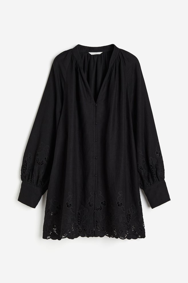 Linen-blend dress with broderie anglaise - Black - 2