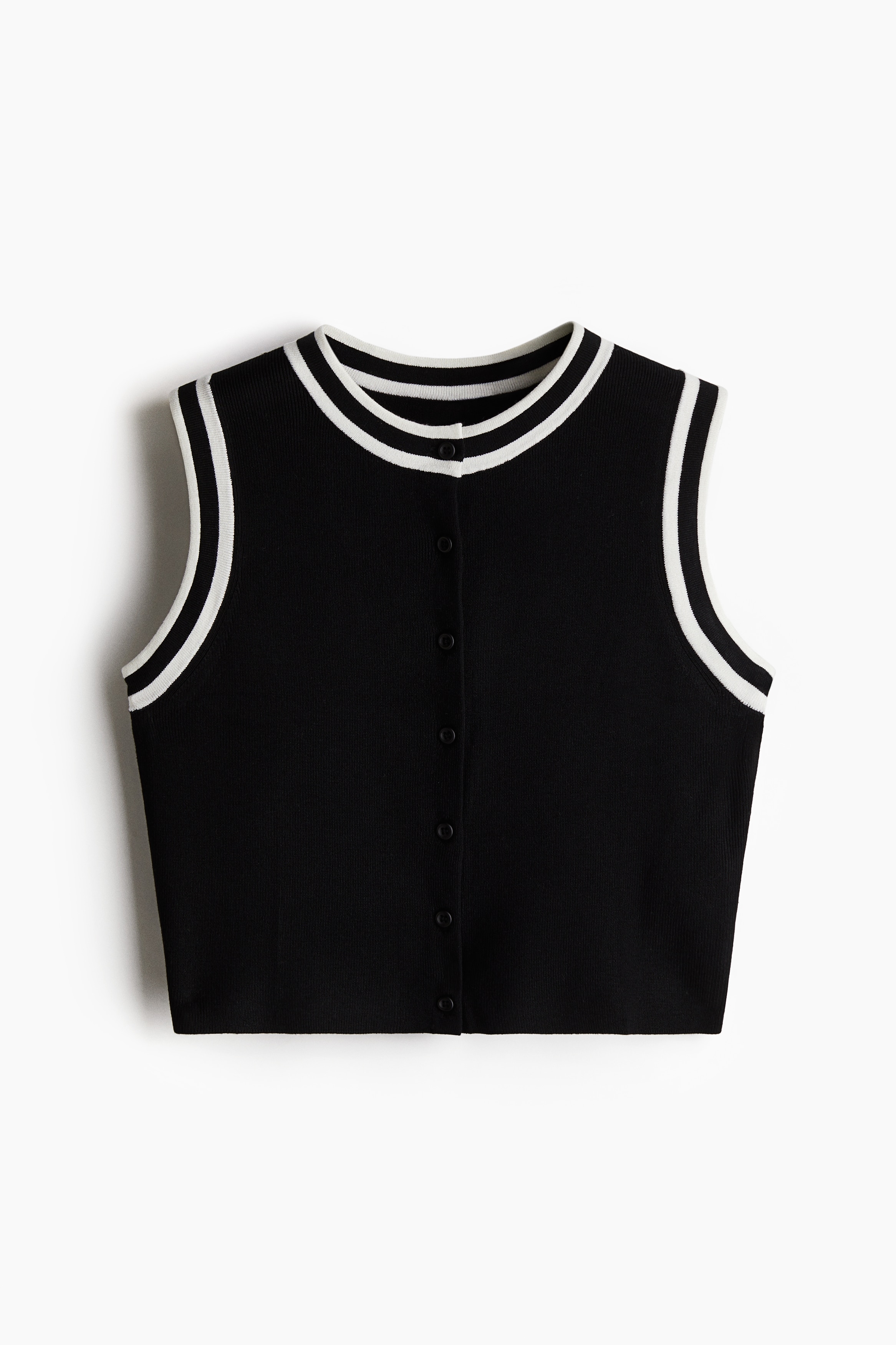Button Front Knit Vest - Black/Light dusty blue/White