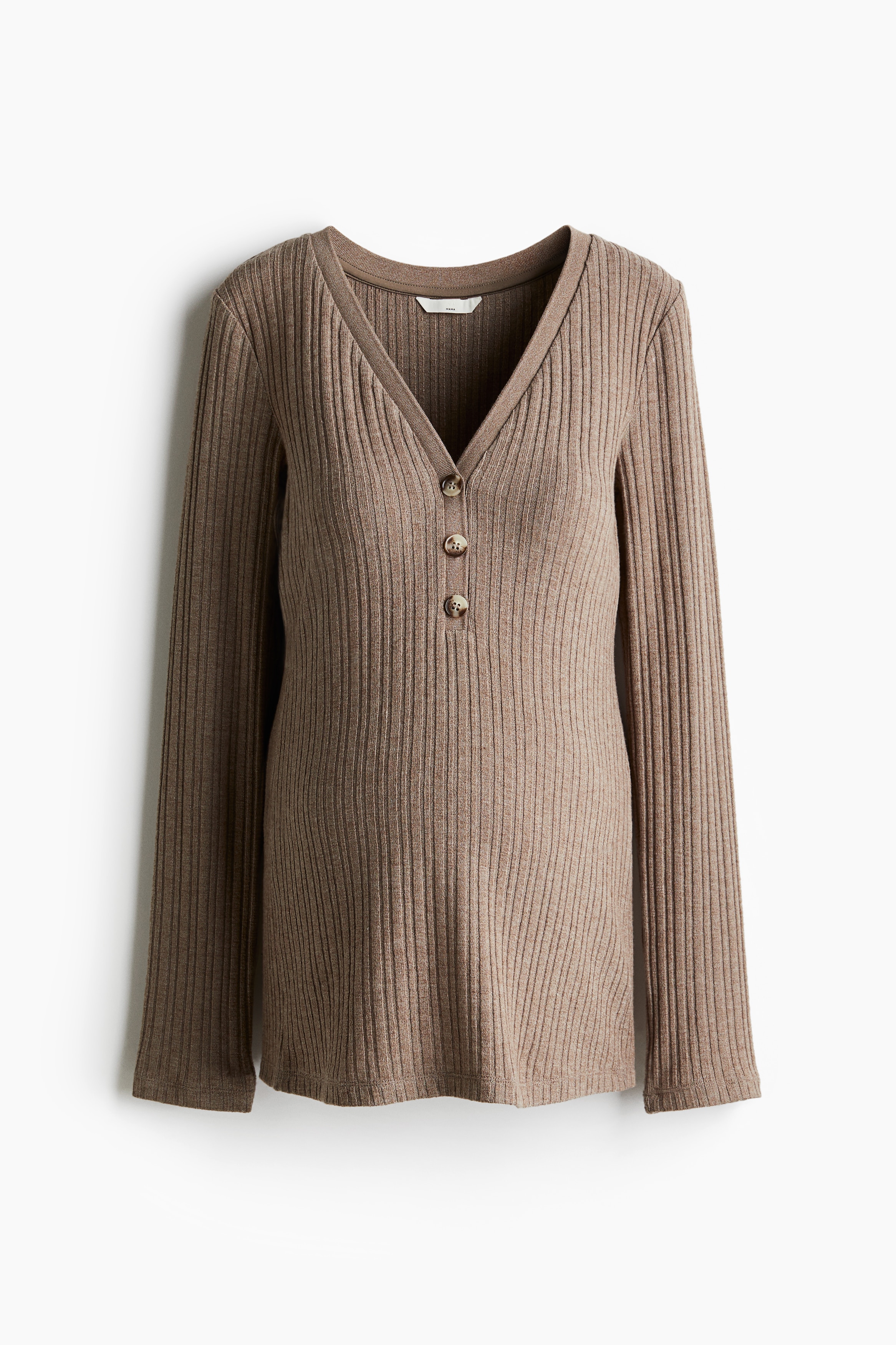 H&M MAMA - MAMA Top à encolure en V en maille côtelée Beige chiné - Size: L  - H&M