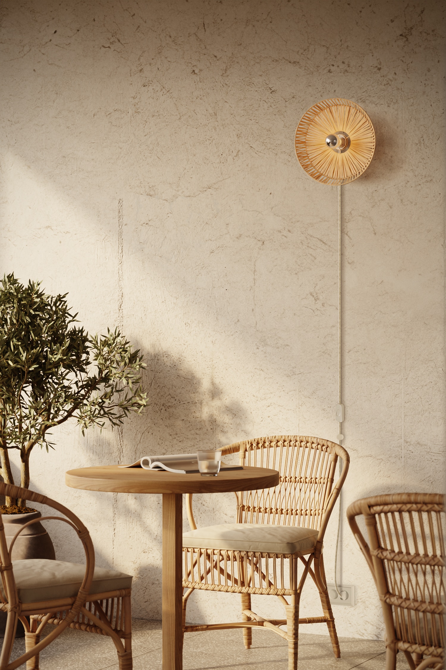 Lampe Med Moorea Raffia Lampeskærm Og Pære - Lysebrun