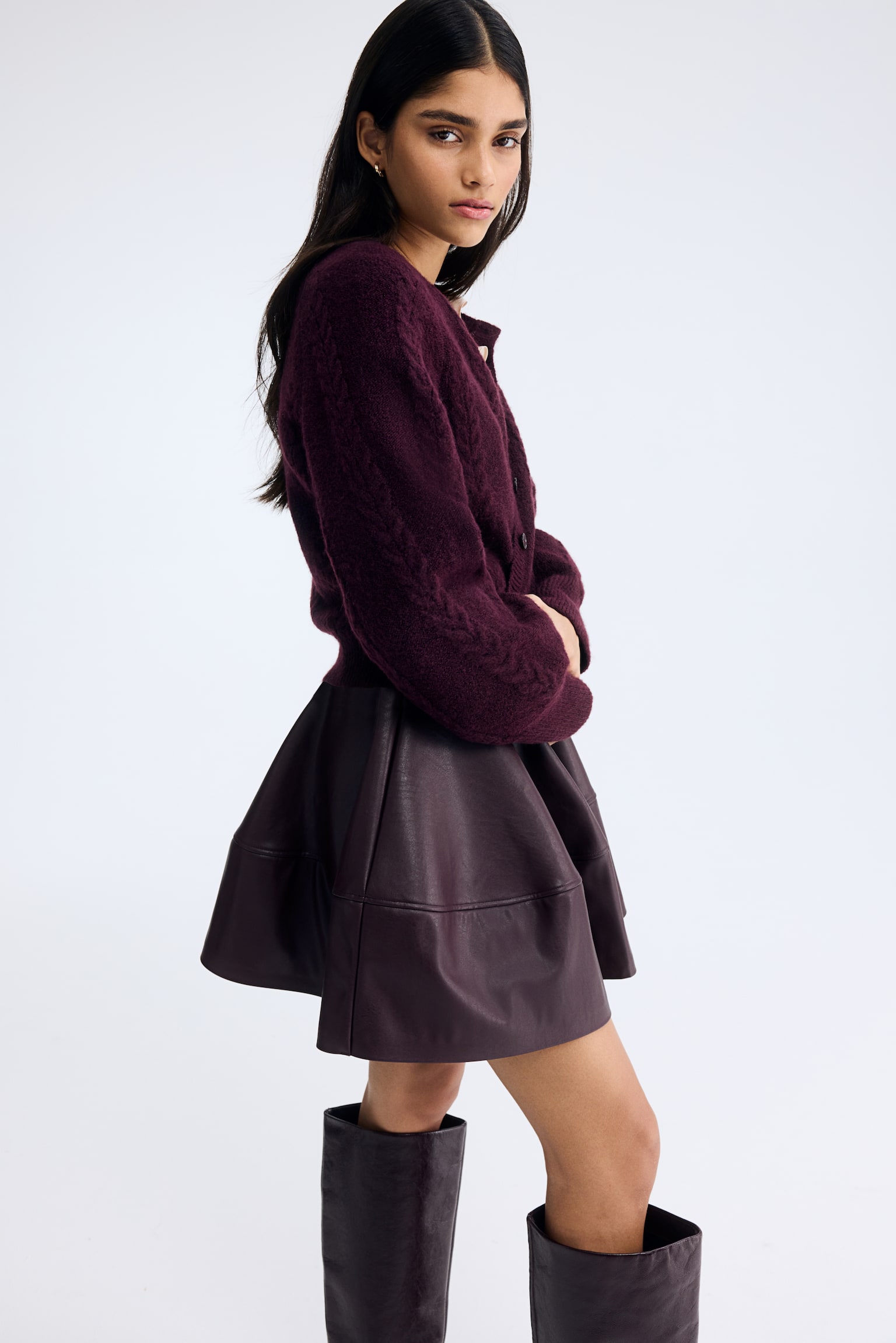 Cable-Knit Cardigan - Plum red/Light beige melange/Pale blue/Light coral pink - 4