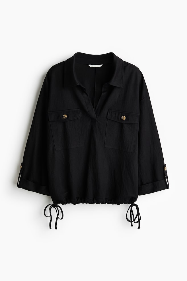 Piqué popover shirt - Black/Dark brown/Beige - 1