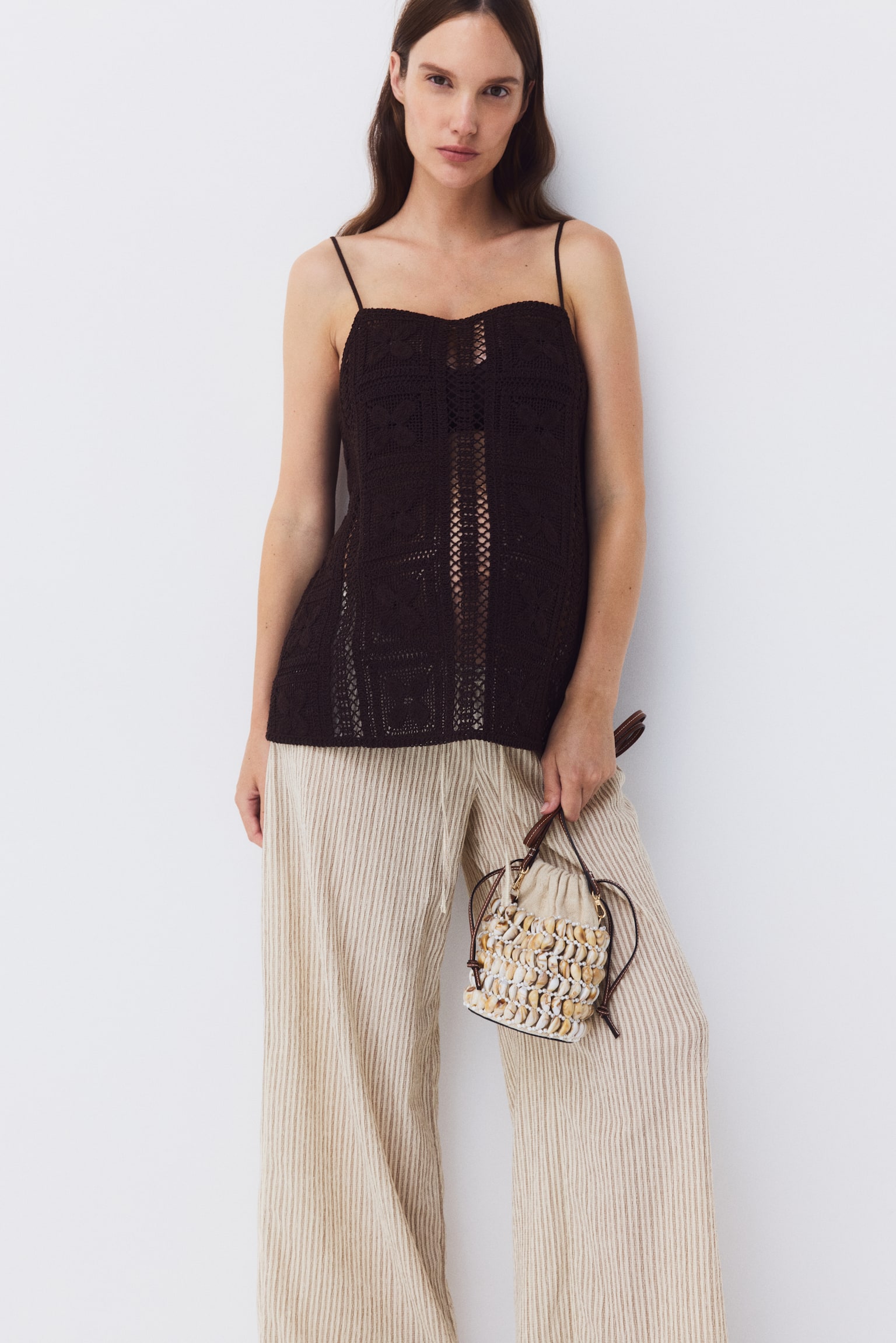 Женские брюки H&M Mama Textured Drawstring, цвет: Бежевый / Полосатый — фото 3