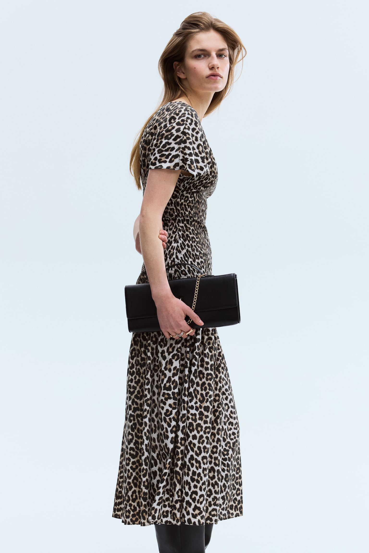 Smocked-detail dress - Light beige/Leopard print/Black - 3