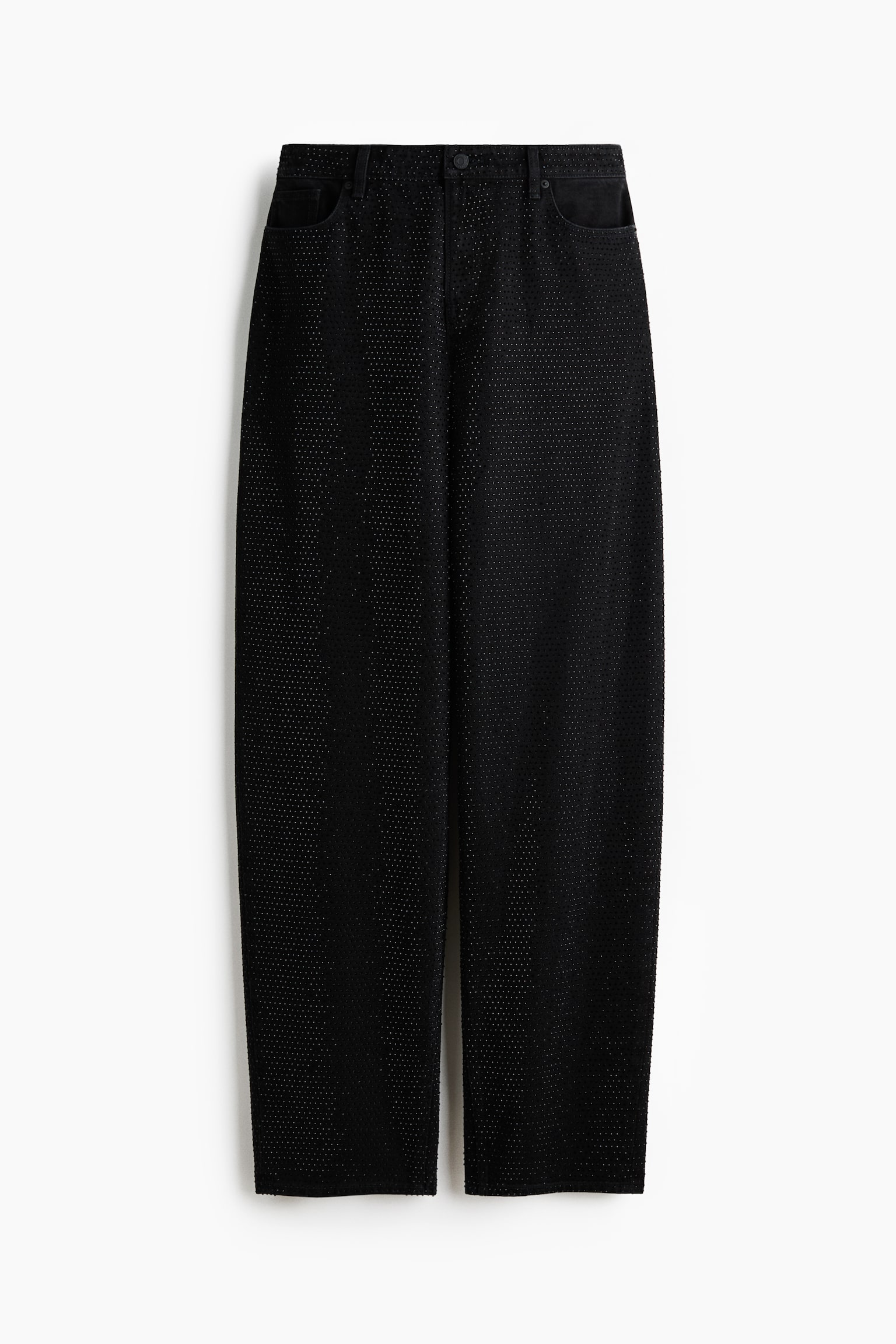 Black trousers feature a relaxed, straight-leg fit with a button and zipper closure and two front pockets. The fabric is embellished with an all-over pattern of small, light-coloured studs. - 1