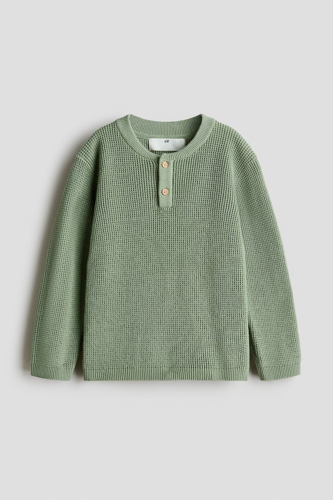 Waffle-knit Henley Sweater - Green/Light beige melange/Cream/black striped - 1