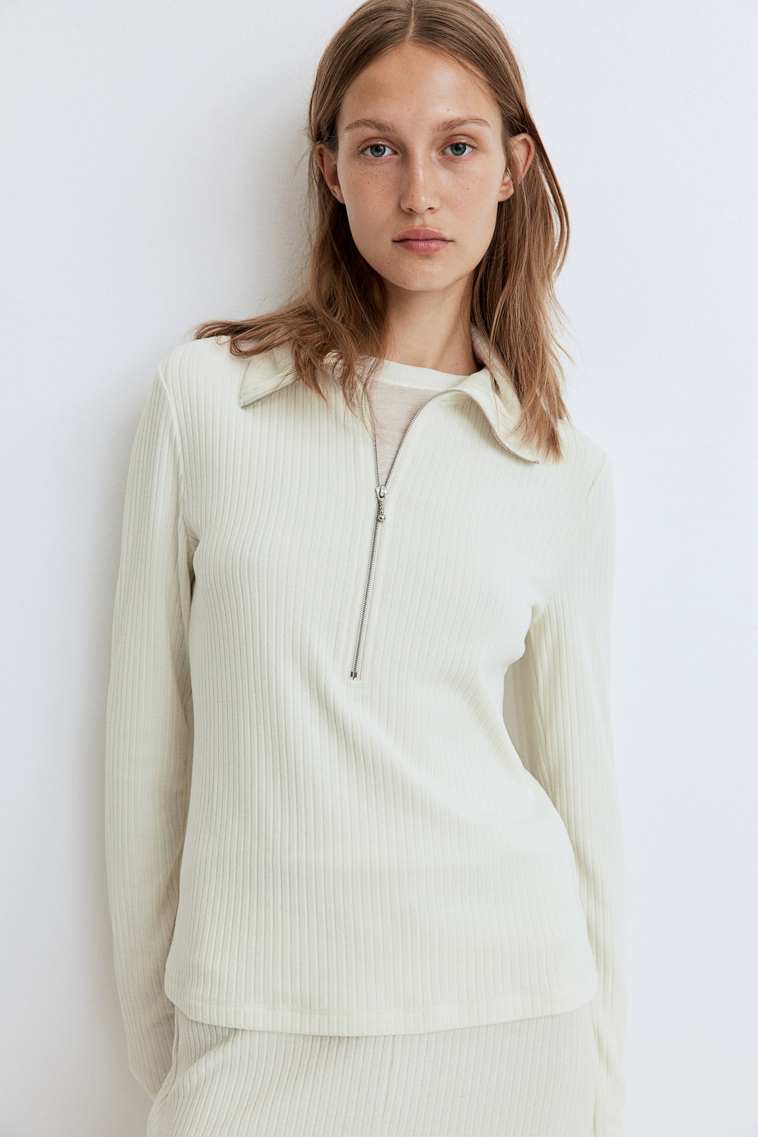 Rib-knit zip-top top - Cream - 1