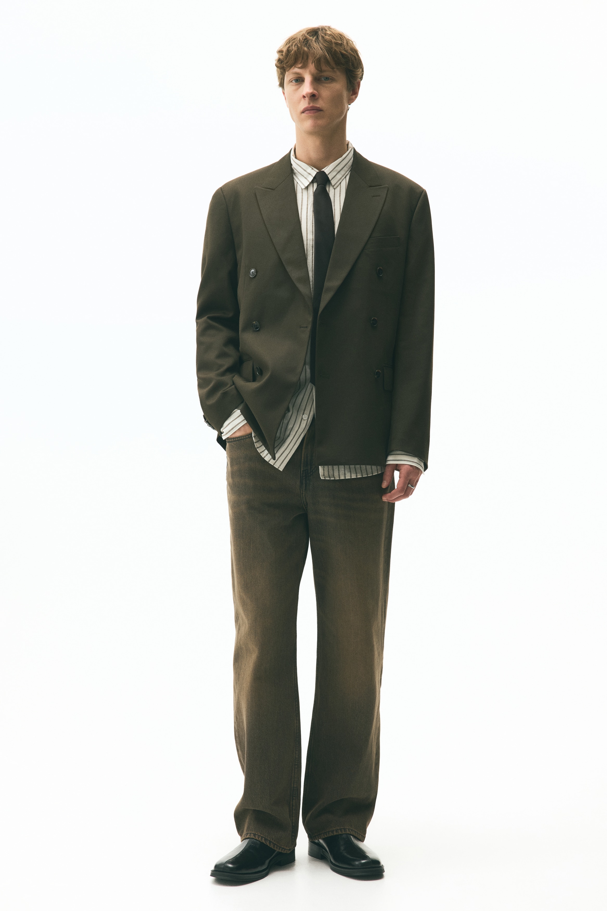 リラックスフィット ダブルブレストジャケット - ダークカーキグリーン