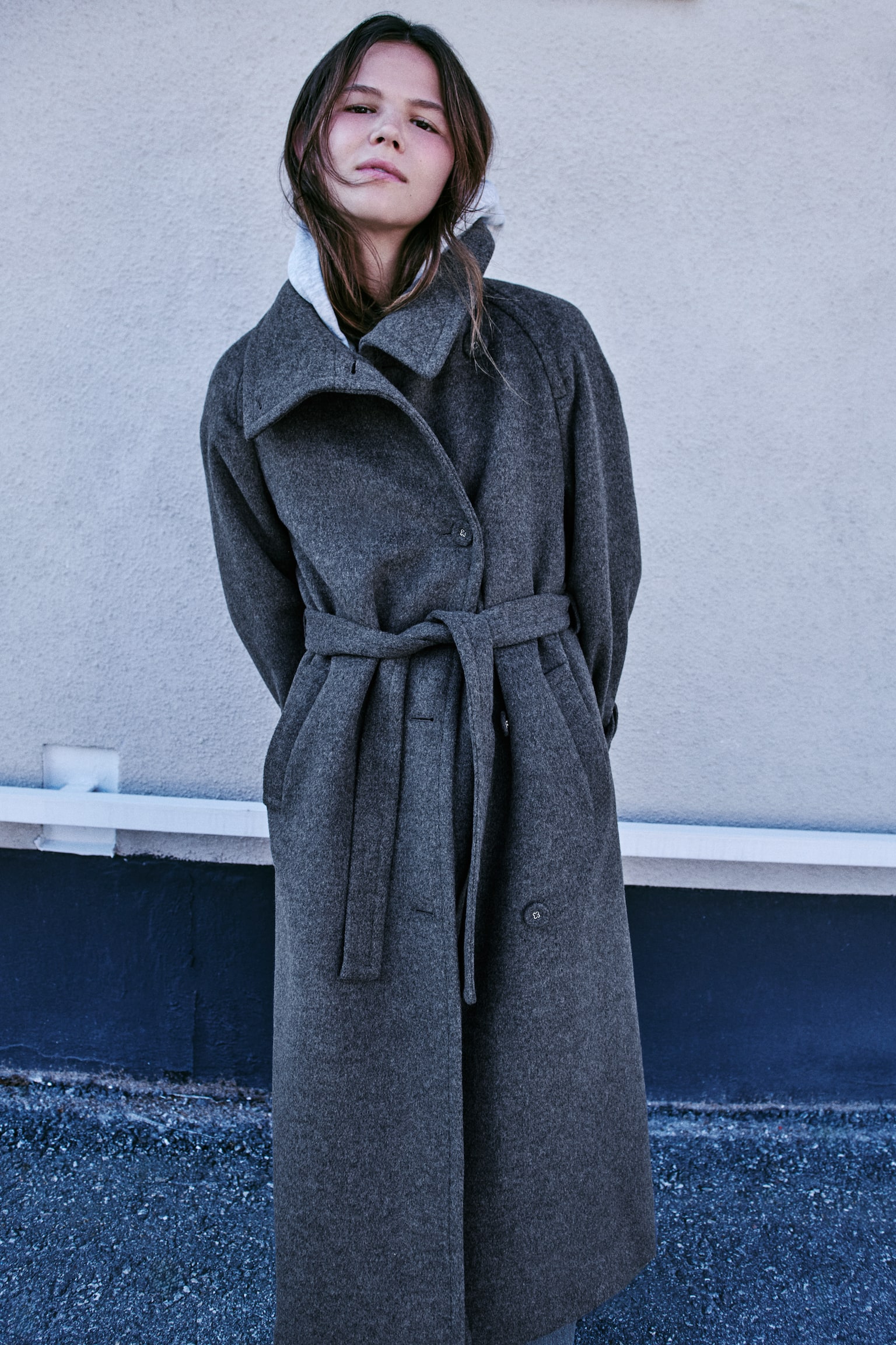 Женское пальто H&M Funnel-Collar Maxi, цвет: Тёмный серый меланжевый — фото 4