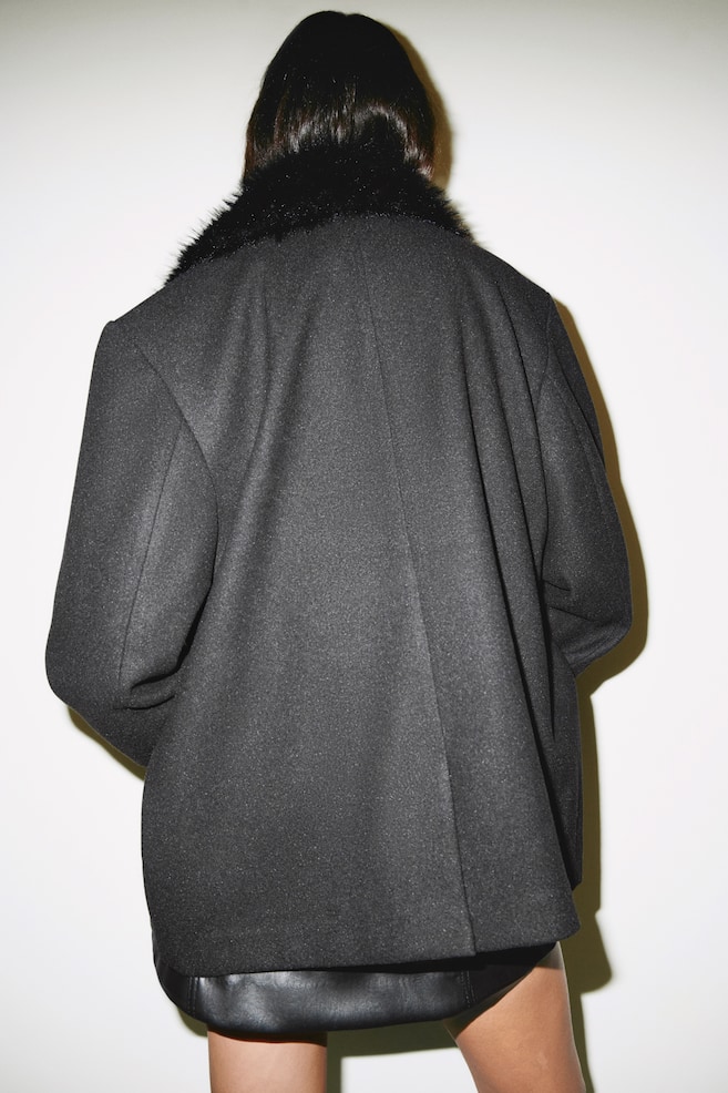 Pea Coat with Fluffy Collar - Black - 4