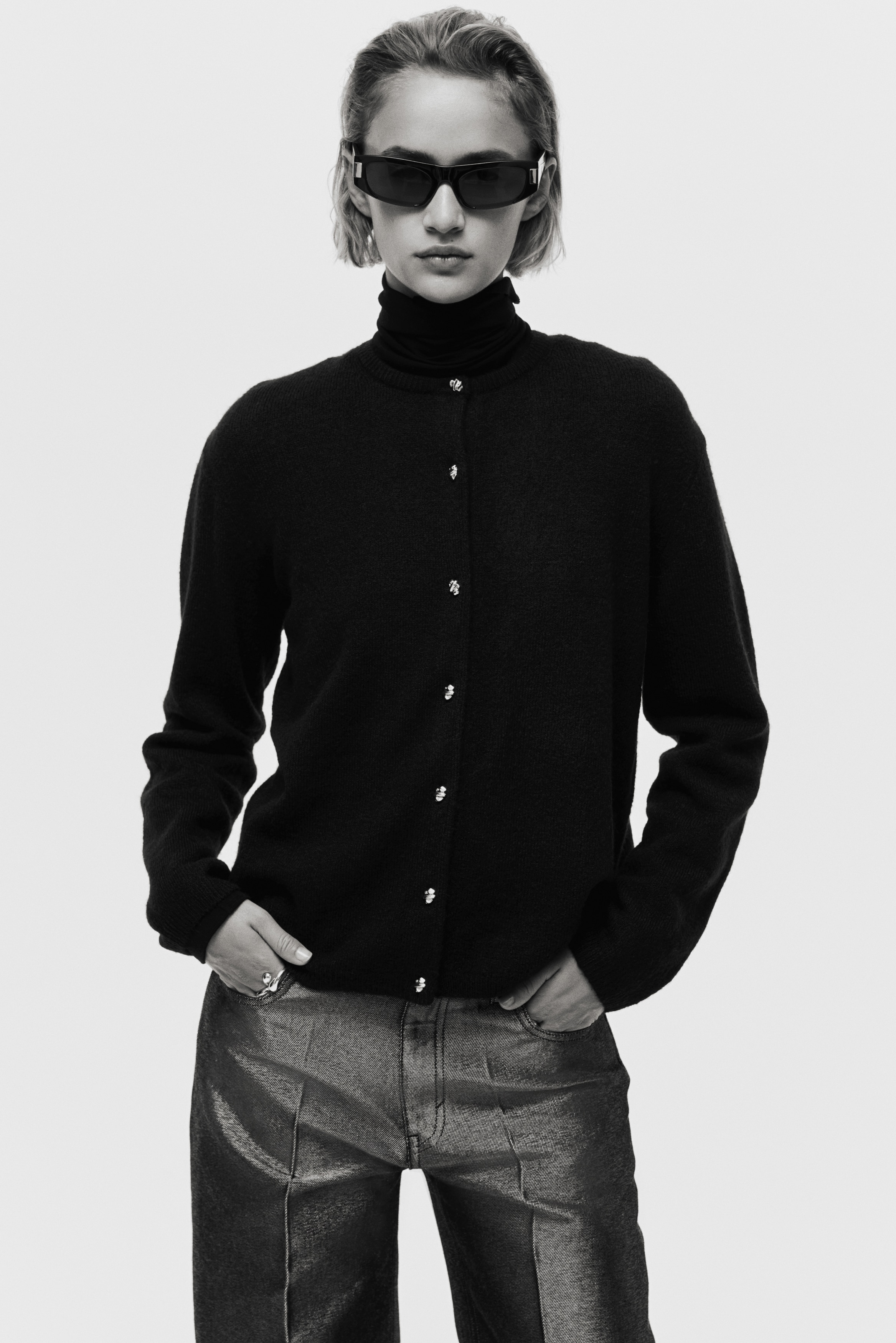 Cardigan in maglia fine - Nero/Rosa cipria/Crema