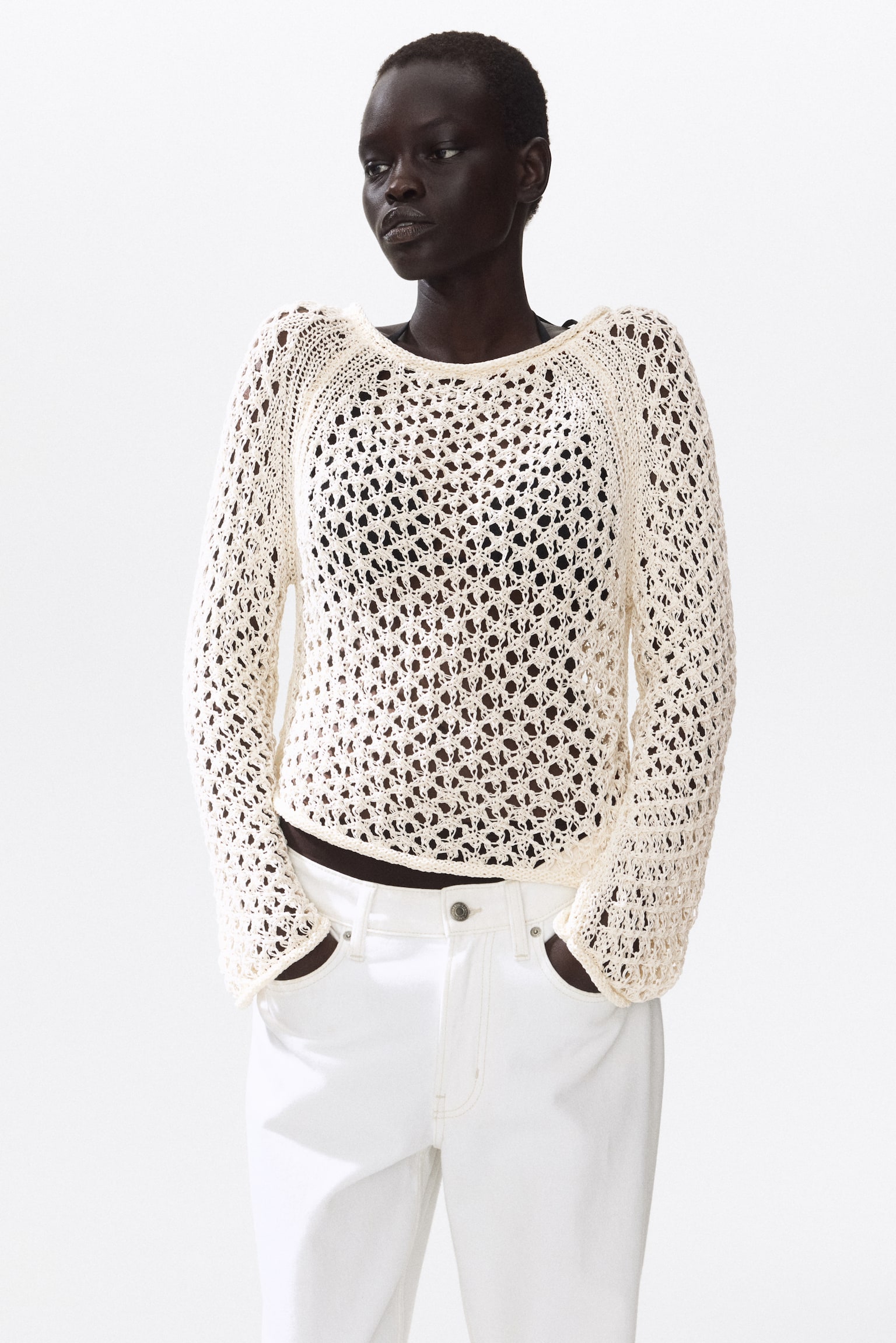 Женский топ H&M Tie-Detail Crochet-Look Top, цвет: Кремовый — фото 3
