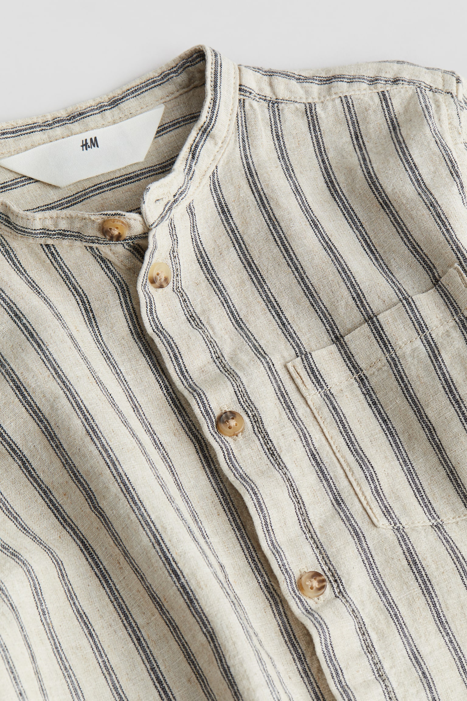 Linen Blend Grandad Shirt - Light beige/Stripe/White/Light khaki green - 3