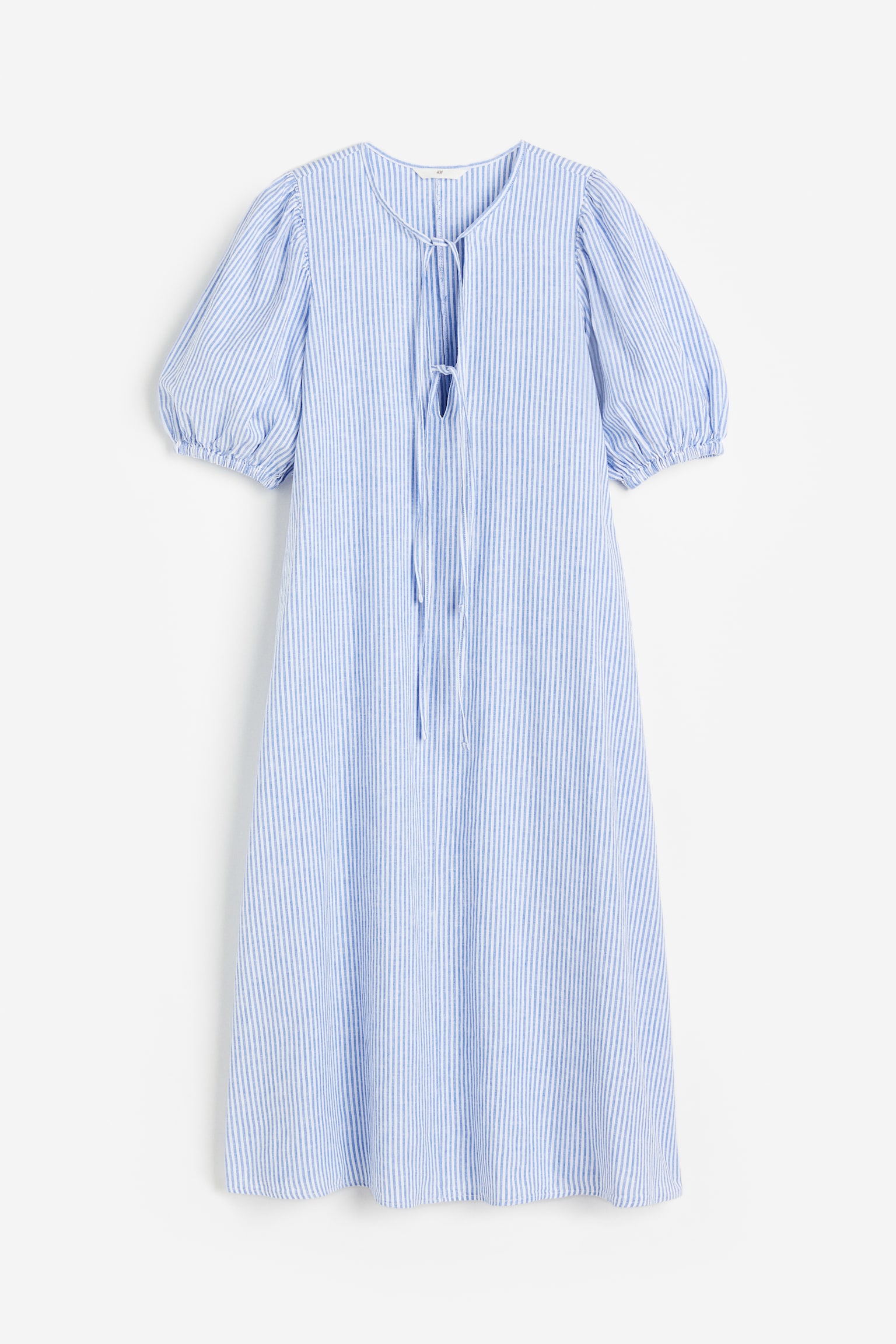Tie-detail linen-blend dress - Blue/Striped - 1