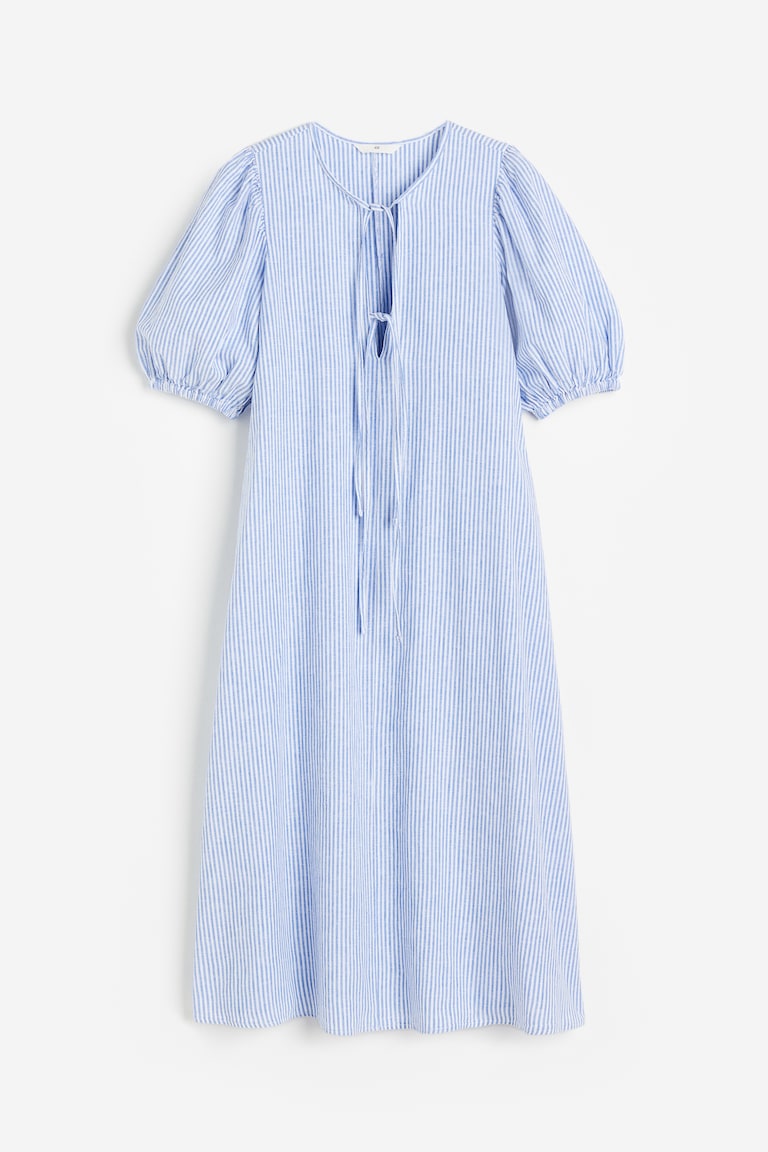 Women's Blue/striped Tie-detail Linen-blend Dress | H&M PH