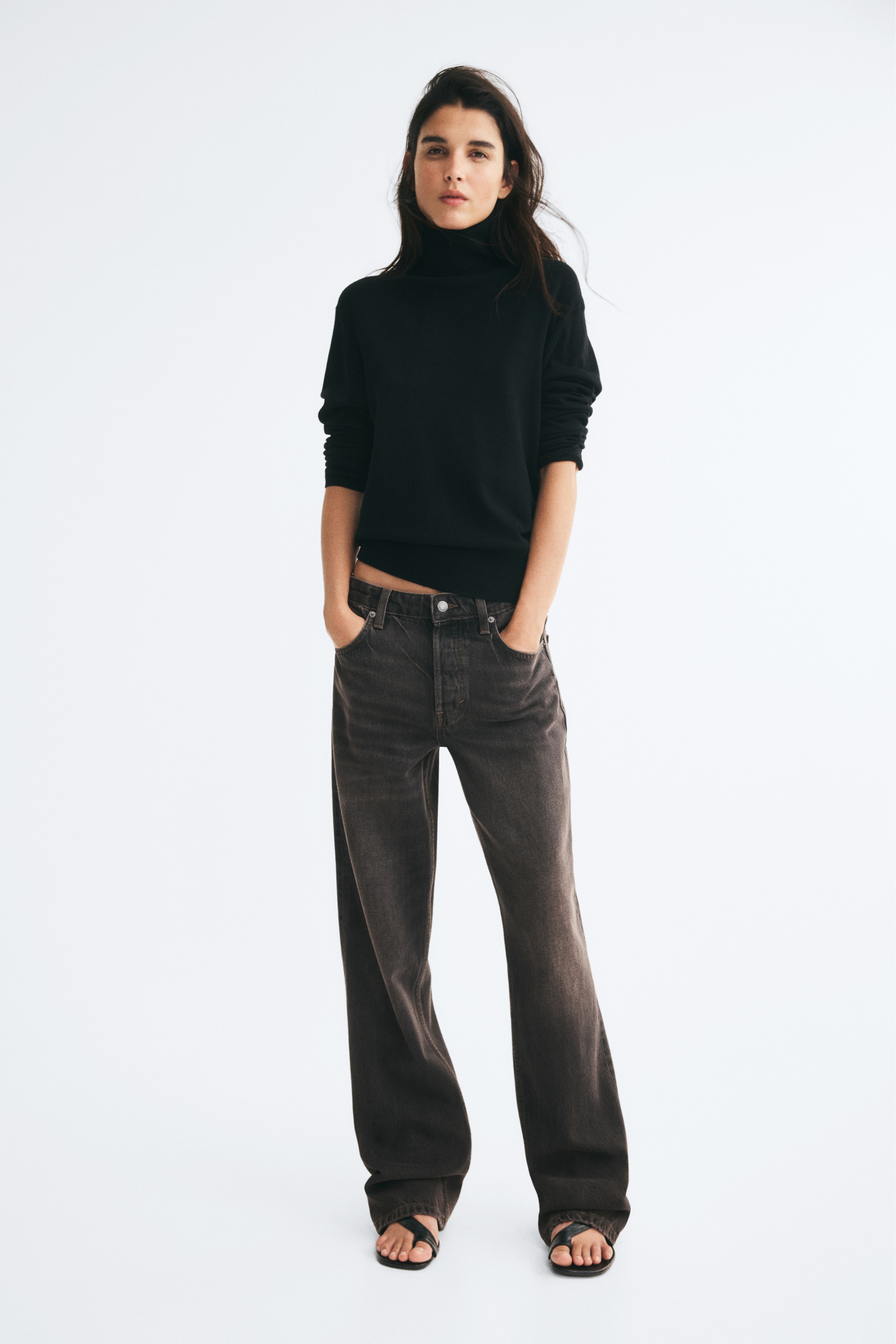 Straight High Waist Jeans - Washed brown