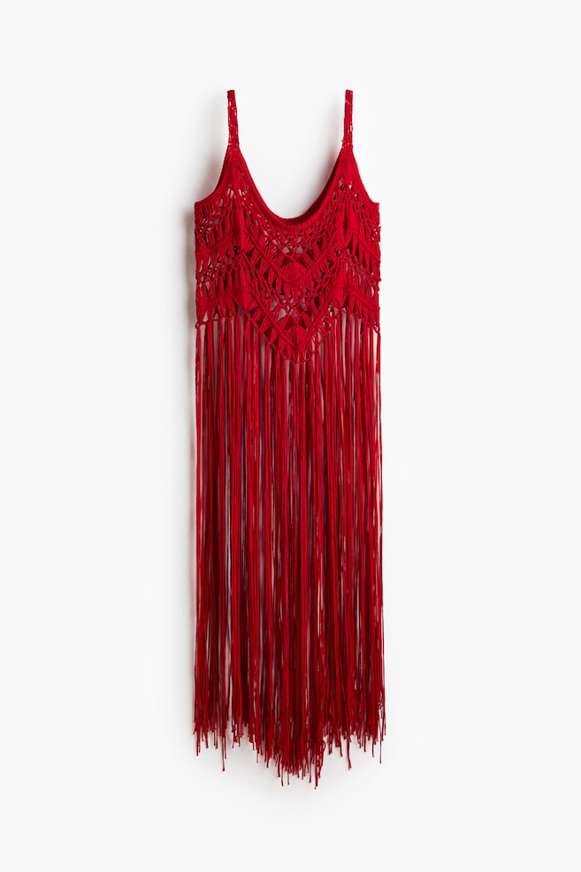Top in Ajourstrick mit Fransen - Rot - 1