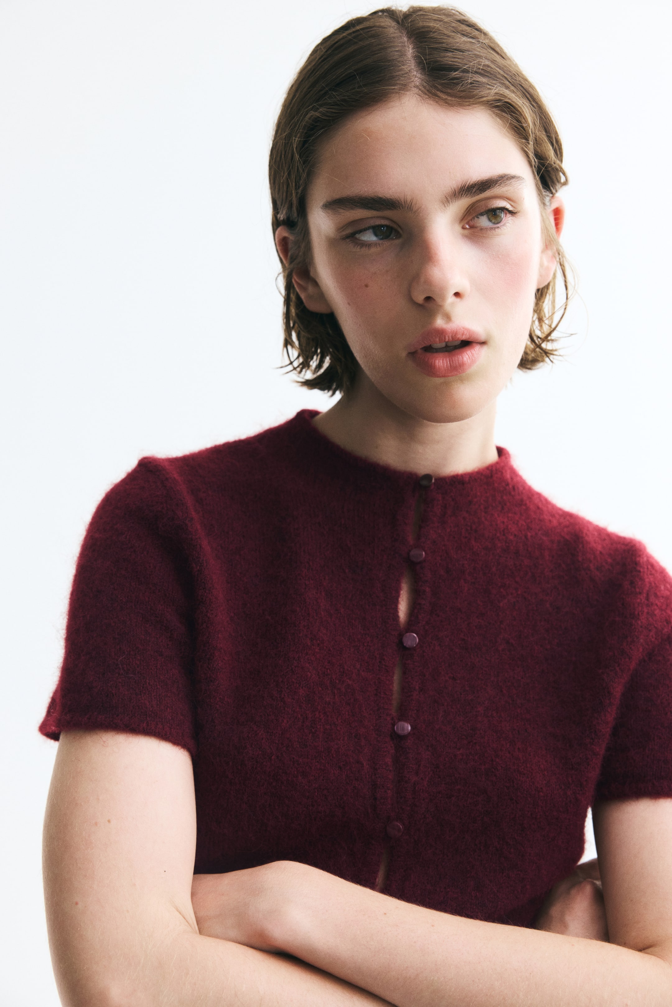 View larger image: Short-Sleeved Fine-Knit Cardigan - Burgundy - Ladies | H&M US 1